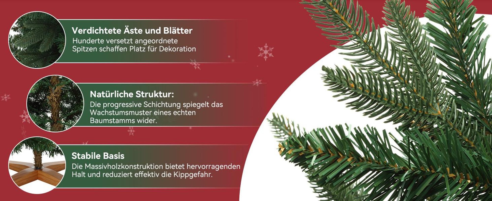 Künstlicher Weihnachtsbaum DEWINNER 180 cm,, Holzständer, Einstellbare PE/PVC-Zweige, Extra Dicht und Realistisch, Einfacher Aufbau