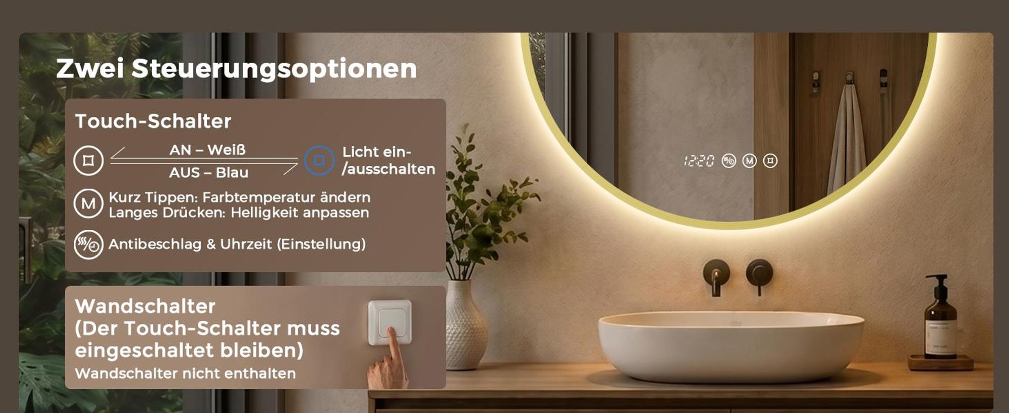 S'AFIELINA LED Badezimmerspiegel Rund Ø70 cm, Goldener Rahmen, 3 Lichtfarben, stufenlos dimmbar, Antibeschlag, Uhr & Temperaturanzeige, Memory