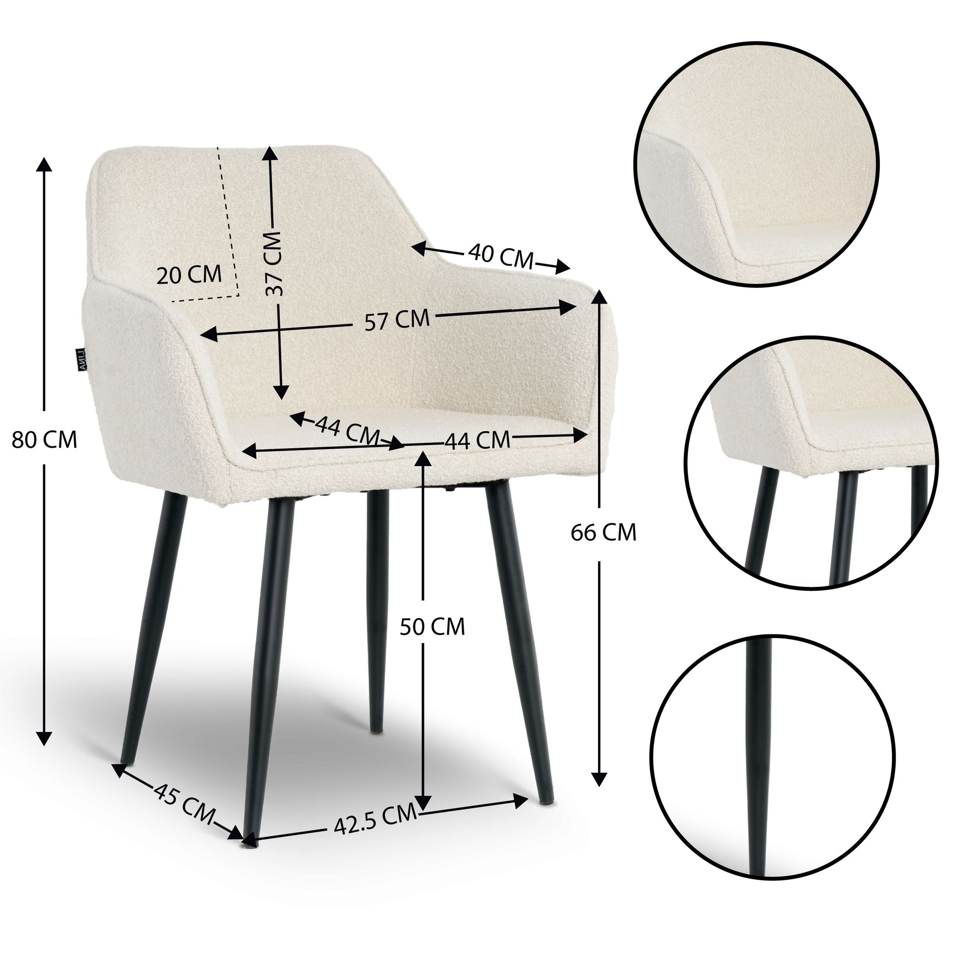 Lina® Diamond Esszimmerstühle 6er Set Bouclé Creme mit Armlehnen – Stilvoll für Esszimmer, Büro und Küche mit schwarzen Metallbeinen