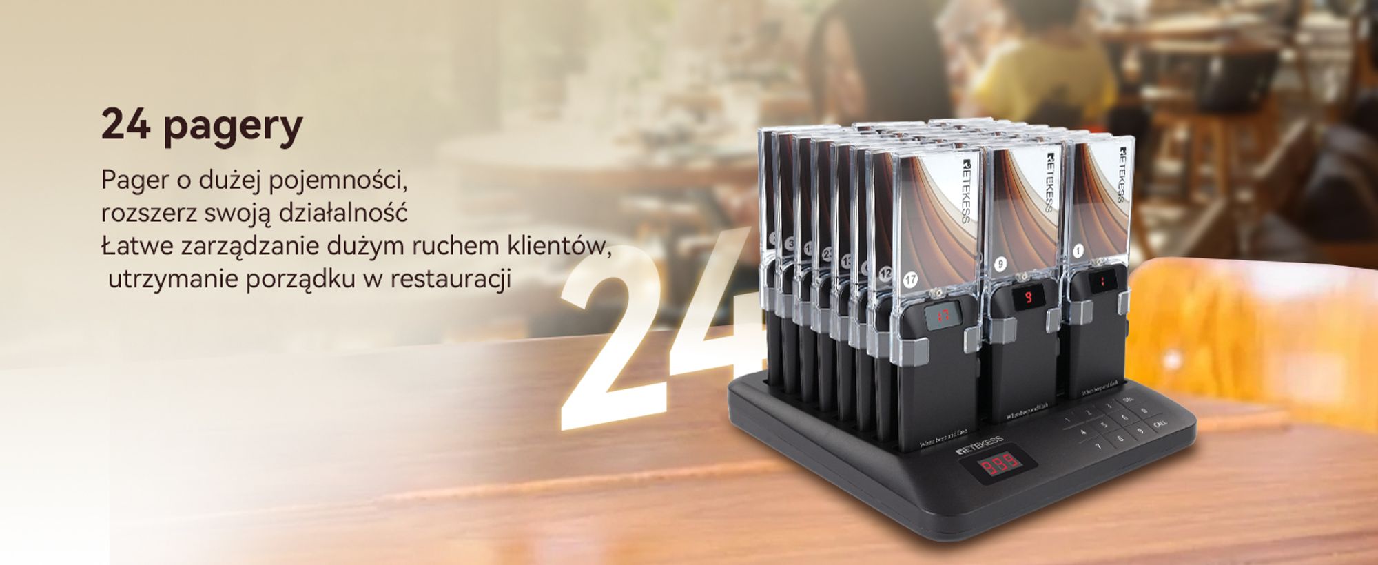 Retekess TD157A System przywoławczy pager, 800M, 39 trybów wywoływania, bateria 300 mAh, wymienny billboard, system przywoławczy dla gastronomii, burgerowni, 24 pagery