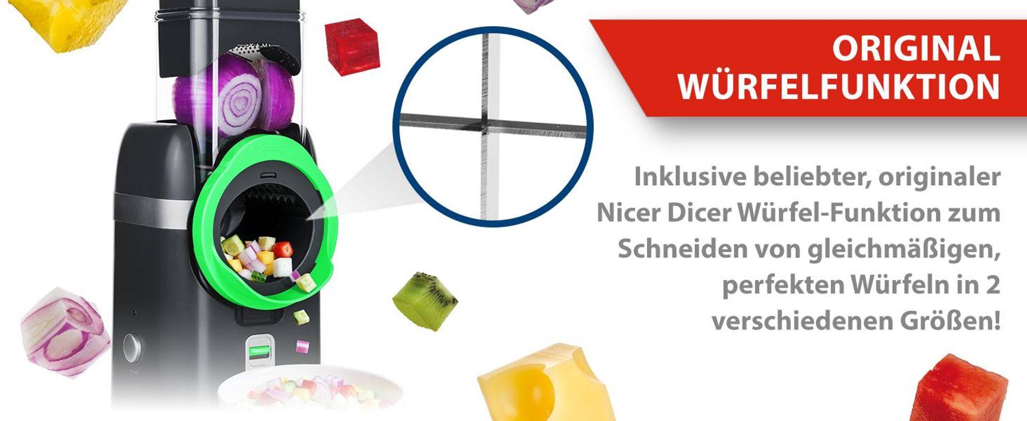 Nicer Dicer Electro Gemüseschneider Deluxe Set 32 tlg, elektrische Gemüsehobel für Würfel, Scheiben, Julienne, Küchenreibe Multizerkleiner