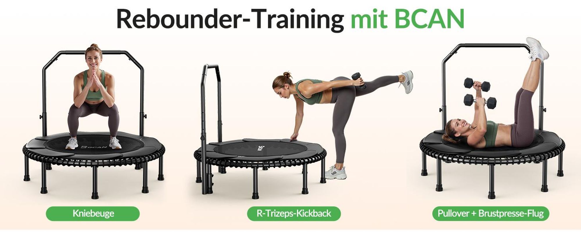 BCAN 48“ Rebounder-Trampolin für Erwachsene, 226 kg Tragkraft, Bungee-Seilen, Verstellbarer Griff, stabil, leise, Innen/außen, Ganzkörpertraining