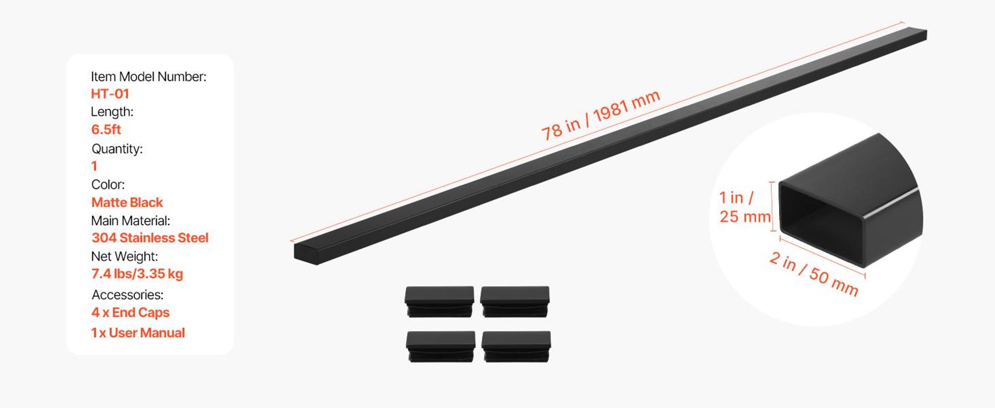 VEVOR Balkon Geländer aus Edelstahl, rechteckiger Handlauf für Treppendecks oben für Außen-/Innenstufen mit Endkappe, mattschwarze Beschichtung, Kabelgeländer-Set, 50x25x1981 mm