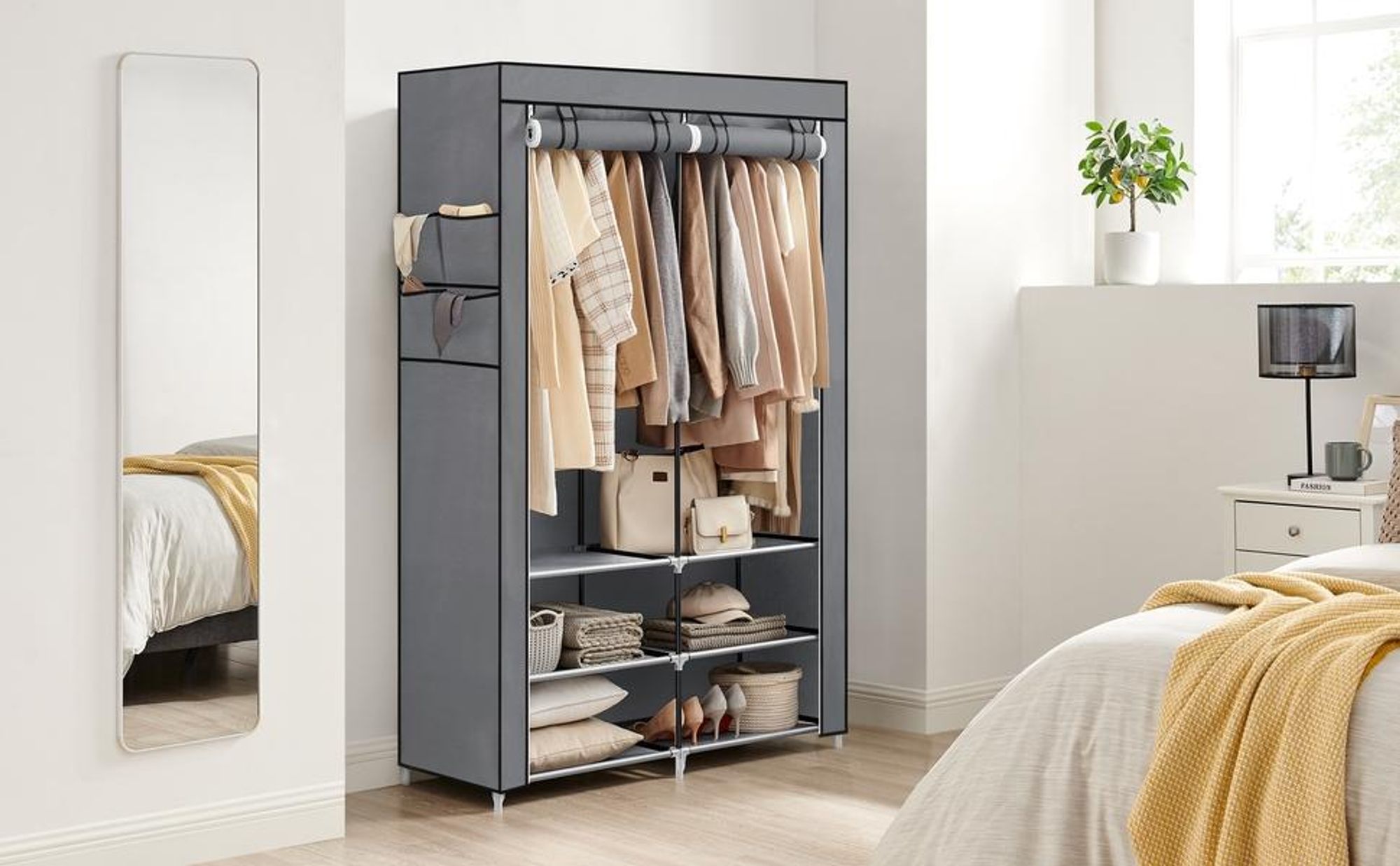 SONGMICS Stoffschrank, Kleiderschrank, 2 Hängefächer, mit Ablagen, 4 Seitentaschen, grau