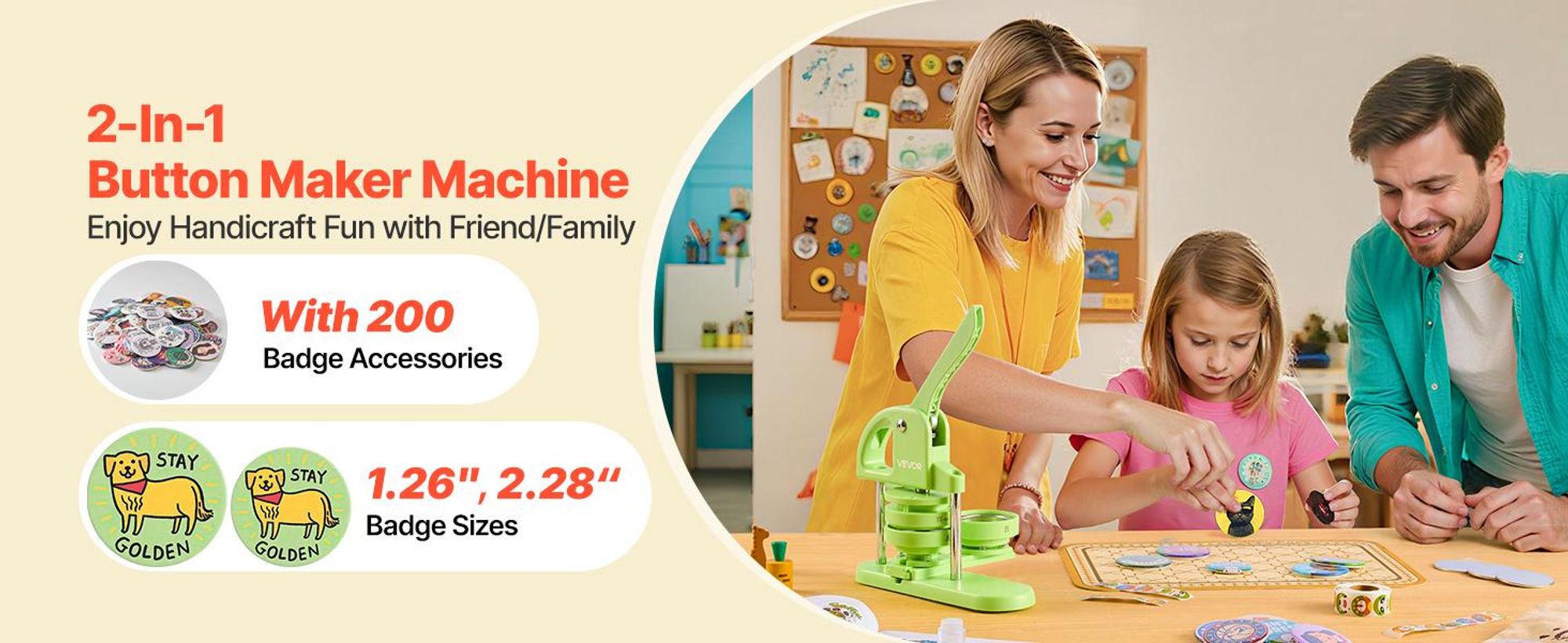 VEVOR Button Maker Maschine, 0,98 Zoll/25mm Pin Maker, installationsfreies Badge-Stanzpress-Kit, Kinder DIY Geschenke Button-Herstellungszubehör mit 500 Stück Button-Teilen, Kreisschneider, Zauberbuch, 32 & 58 mm 2-in-1, Grün-b