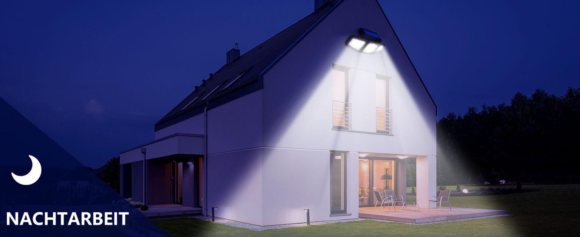 Solarleuchten Außen mit Bewegungsmelder, 74 LED Solar Strahler Außen, 360° Drehbar, 3 Modi Wandleuchte, 2400mAh Solar Außenleuchte, LED Solarlampen