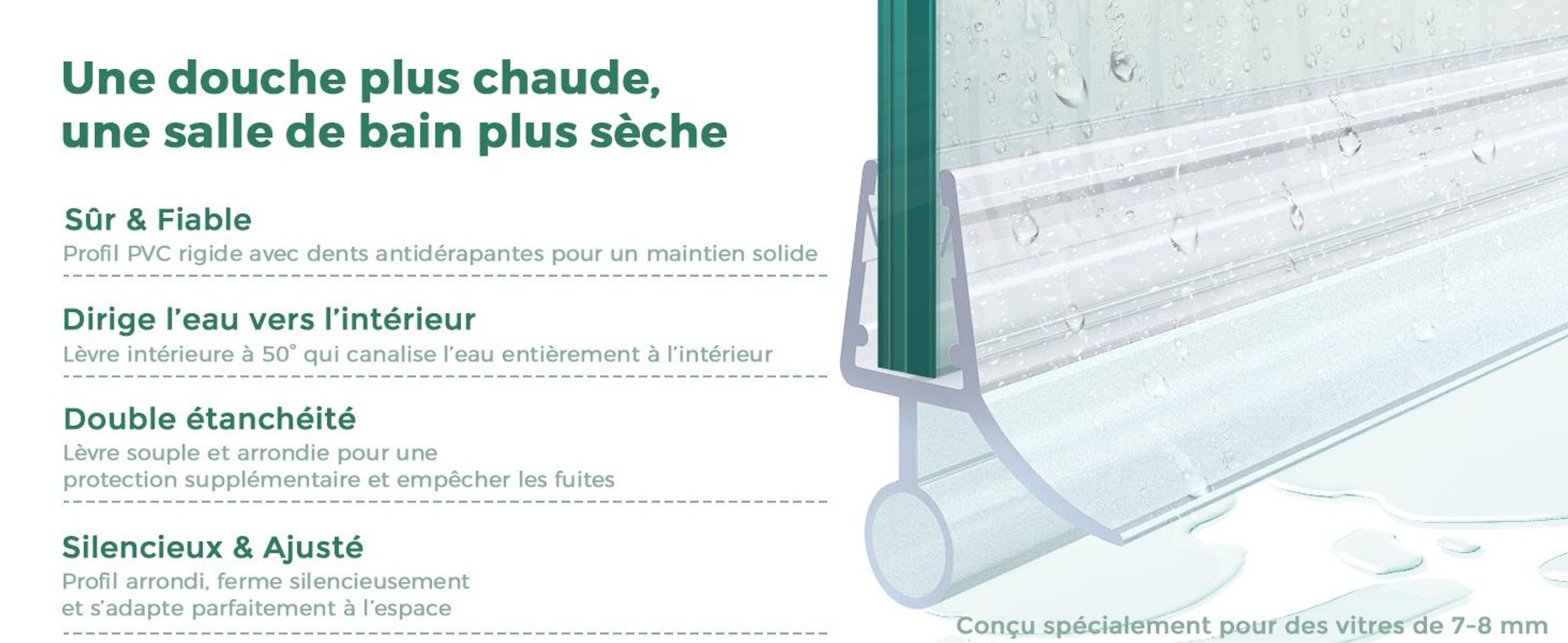 S'AFIELINA Joint de rechange Déflecteur d'eau Joint de douche Protection anti-vibrations Cabine de douche Bain 7-8mm Verre 80cm