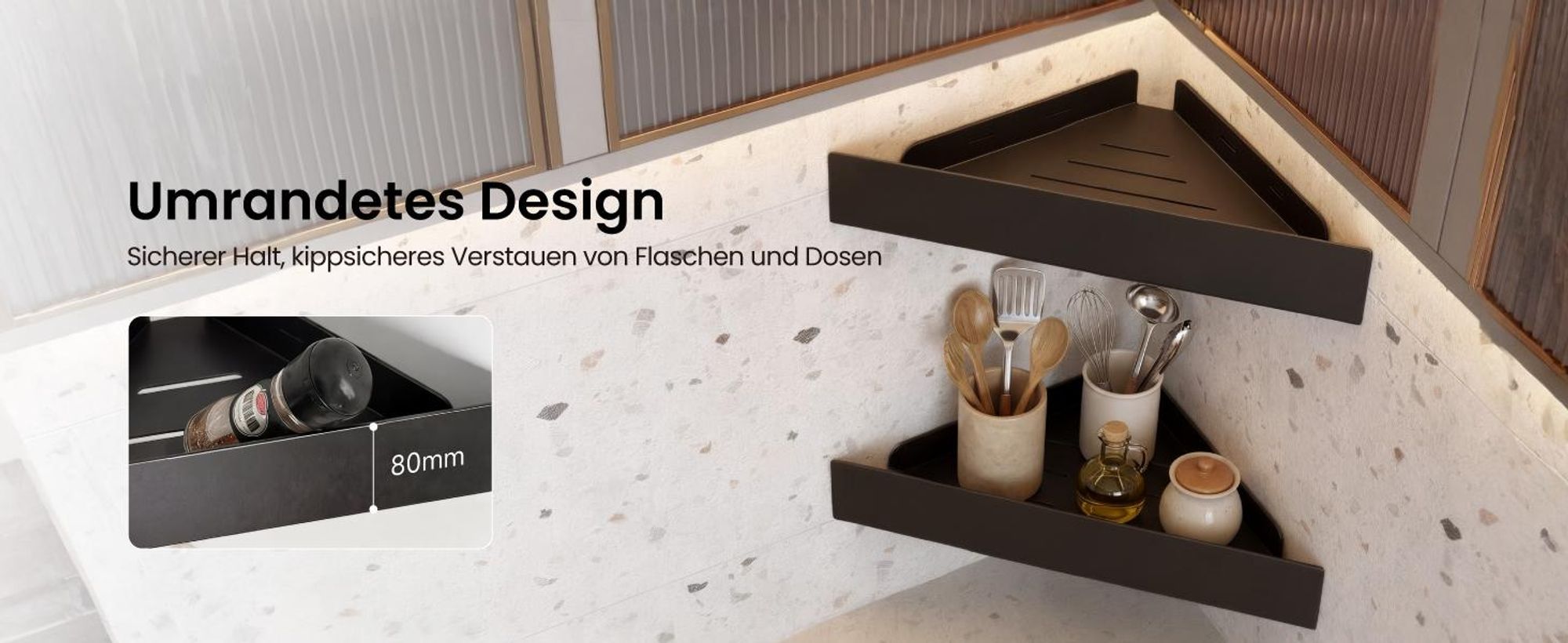 Mai & Mai Duschablage zum Bohren oder Kleben, Duschregal Badablage Ecke, Badezimmerablage zur Wandmontage für Bad und Küche, Sandschwarz Reglo-07