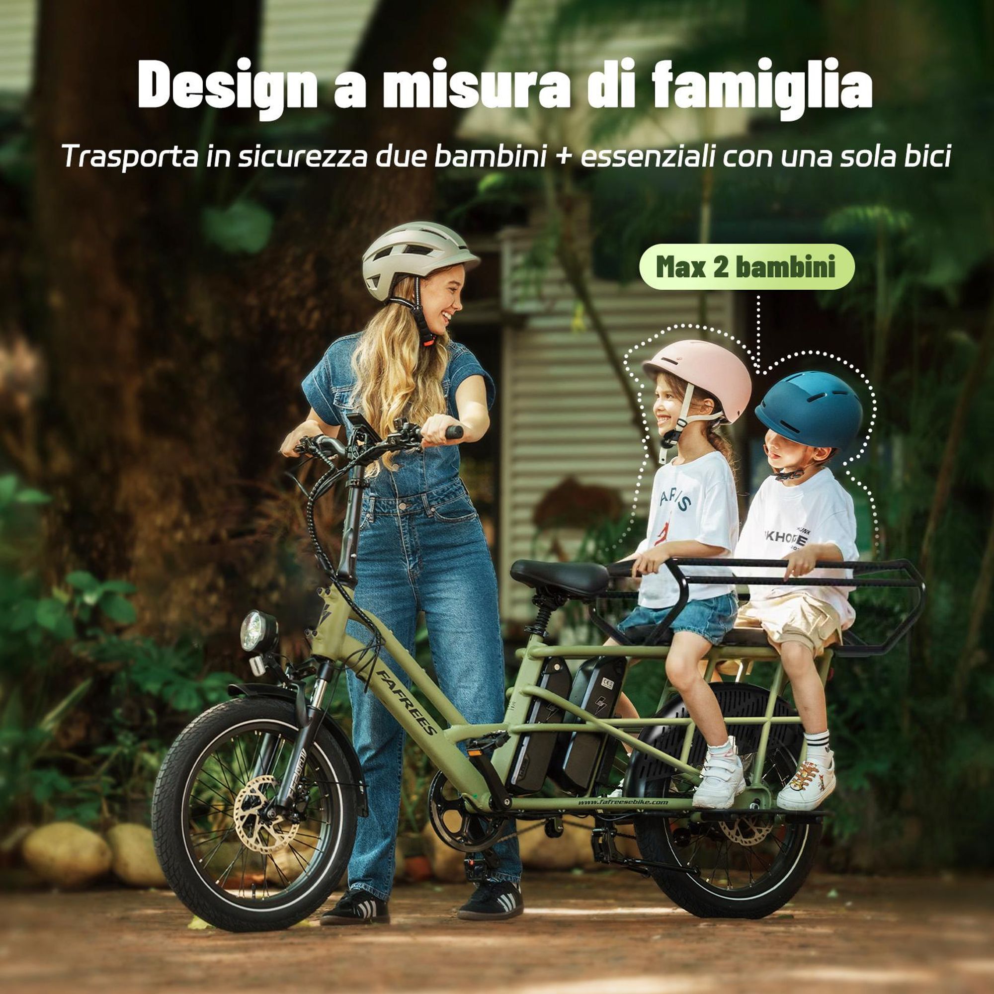 Seggiolino doppio FAFREES FF20 CUV per e-bici 24AH, 0-12 anni, portata 100kg telaio acciaio antiruggine-nero