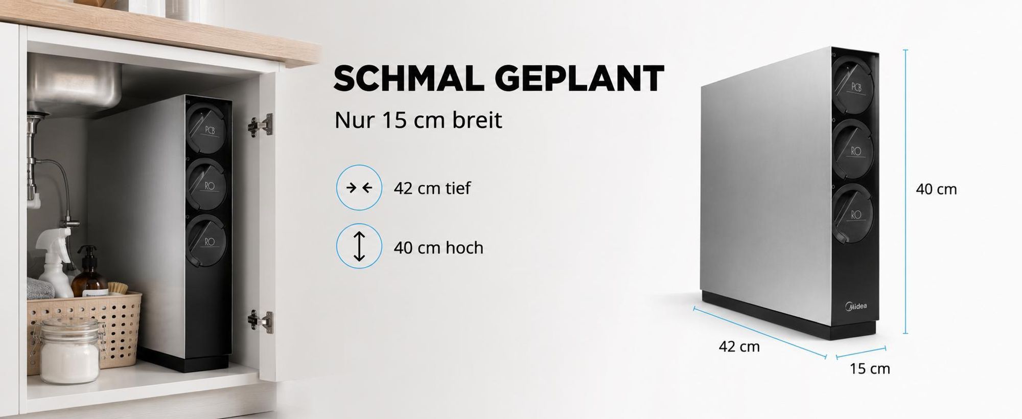 Wasserfilter Midea 600GPD Smart WiFi, tankloses Umkehrosmose System, 3 stufige Filterung, Direct Flow, 2270 l pro Tag