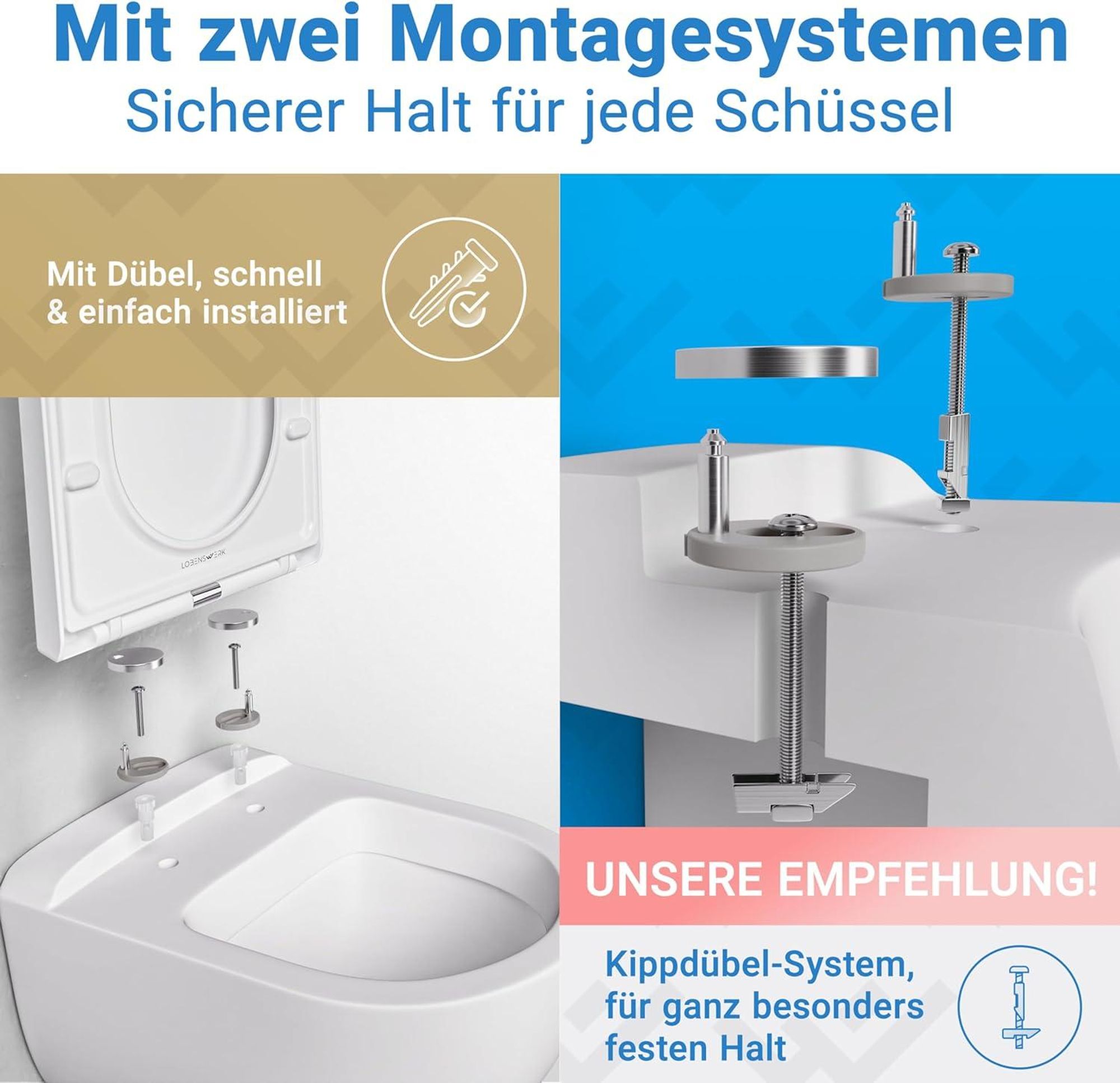 LOBENSWERK Toilettendeckel D Form [KURZ] einfache Montage | Klodeckel mit Absenkautomatik | Toilettendeckel, Klobrille, Toilettensitz antibakteriell