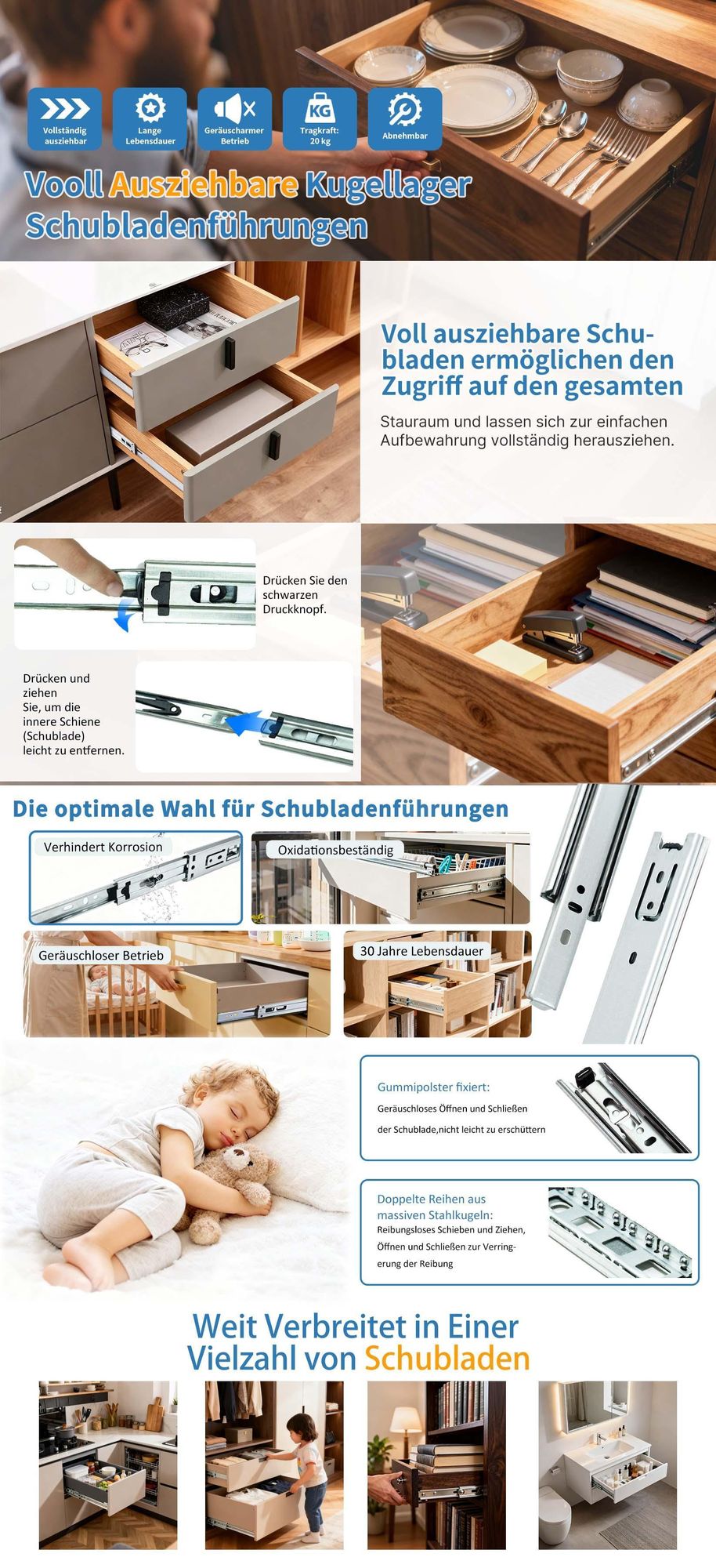 YALION® 10 Paar Schubladenschienen Vollauszug 350 mm Kugelauszug,35 mm Stahl Führungsschienen seitliche Montage mit Schrauben, belastbar bis 35 kg
