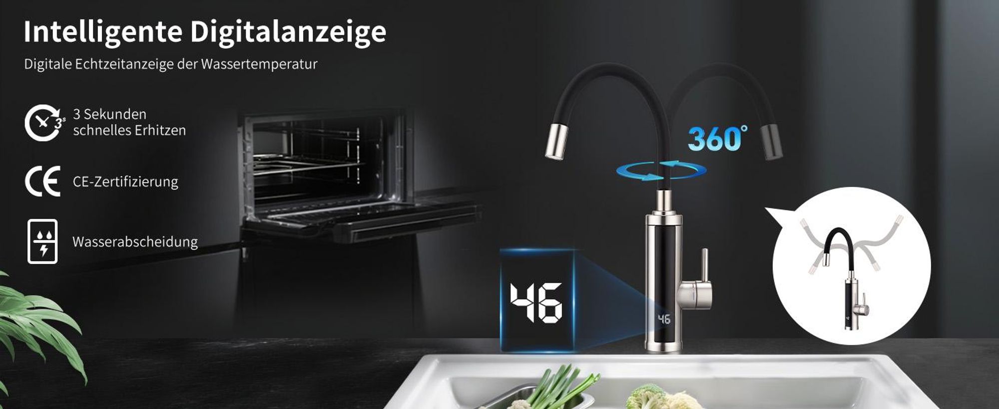 Homelody Elektrischer Wasserhahn mit Durchlauferhitzer 220V 3300W, Armatur Küche 304 Edelstahl mit 360° Flexibler Schlauch LED Temperaturanzeige