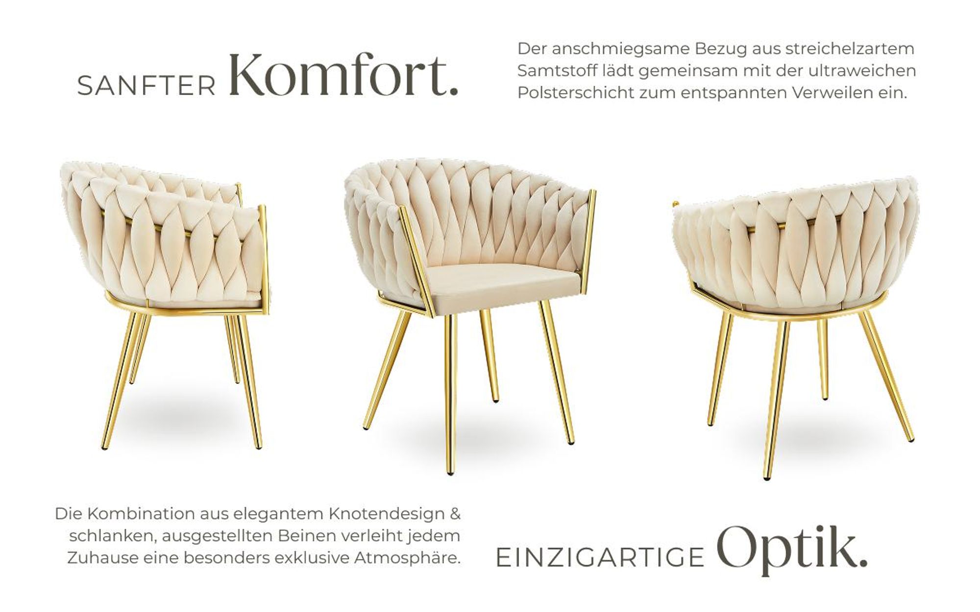 tectake® Set Esszimmerstuhl Astano gepolstert, mit Samtbezug, Knotendesign 60,5 x 55 x 75 cm