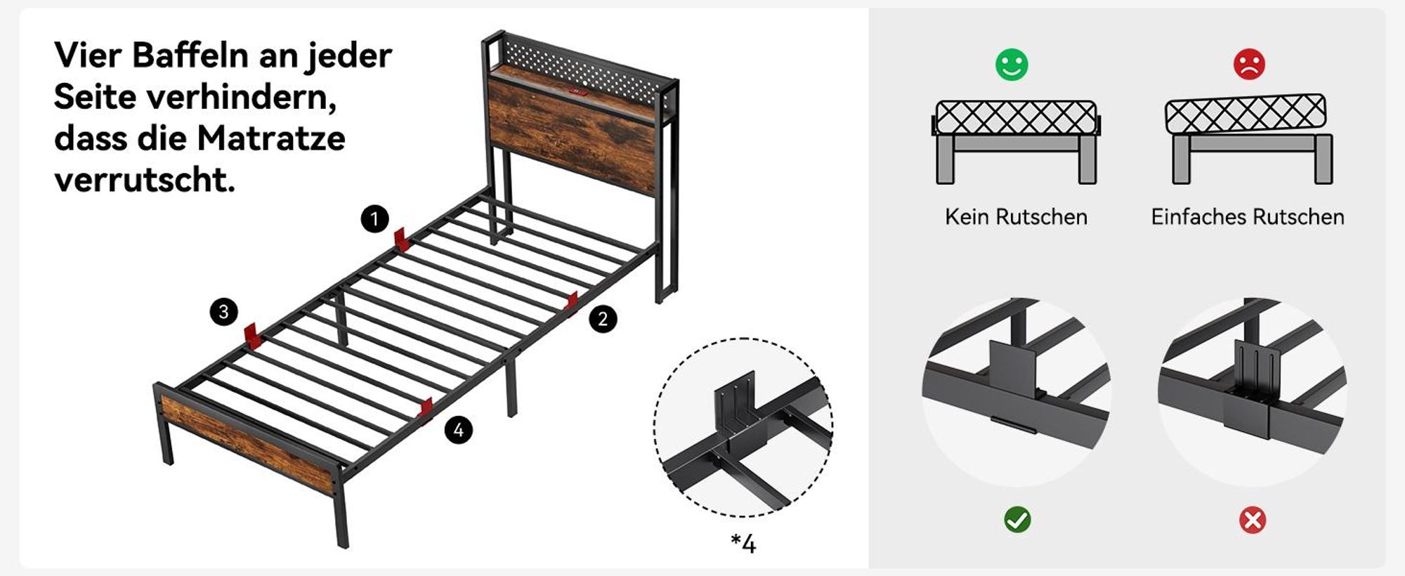 Bett 90 x 200 cm, Bettgestell mit Stauraum-Kopfteil & LED-Lichtern, 3 USB & 1 Typ-C, 14 Reihen Metalllatten, Stauraum unter dem Bett, Braun