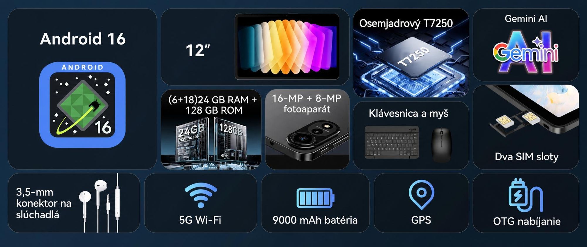 Tablet Nexall N90 s Androidom 16, 12" FHD InCell s obnovovacou frekvenciou 120 Hz, 24 GB (8 + 16) RAM + 128 GB ROM (podpora TF kariet až do 2 TB), 5G, Wi-Fi/4G SIM, 9000 mAh/18 W, Gemini AI, s perom/klávesnicou/myšou