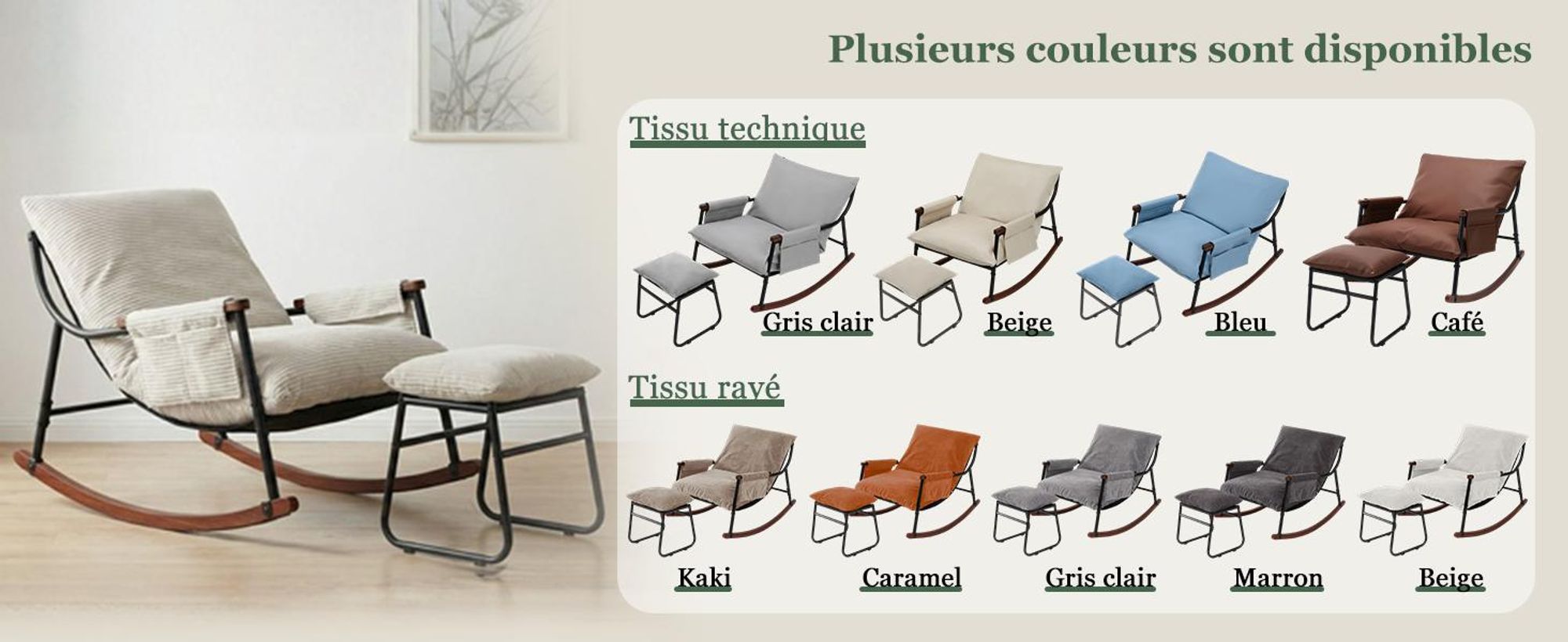 Fauteuil à bascule avec repose-pieds, accoudoirs, bois, chambre bébé, tissu rayé, blanc