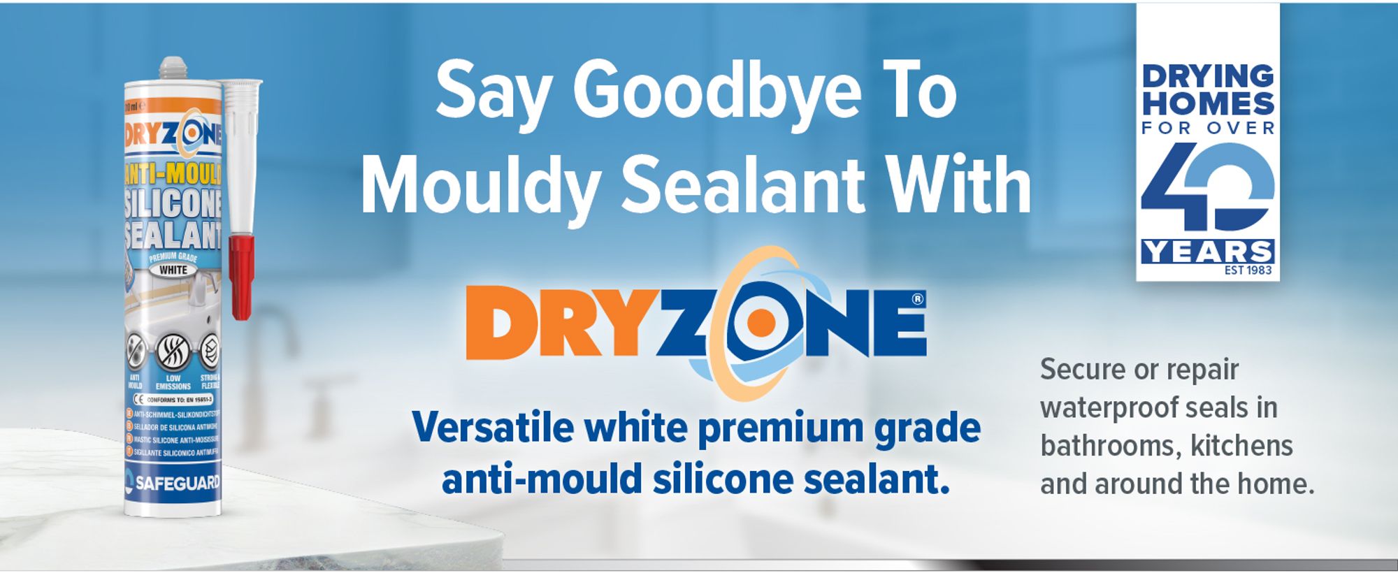 Dryzone Schimmelresistentes Sanitär Silikon (310 ml, Weiß) – Langlebiges wasserfestes Silikon, geringer VOC-Gehalt, ideal für Badezimmer und Küchen