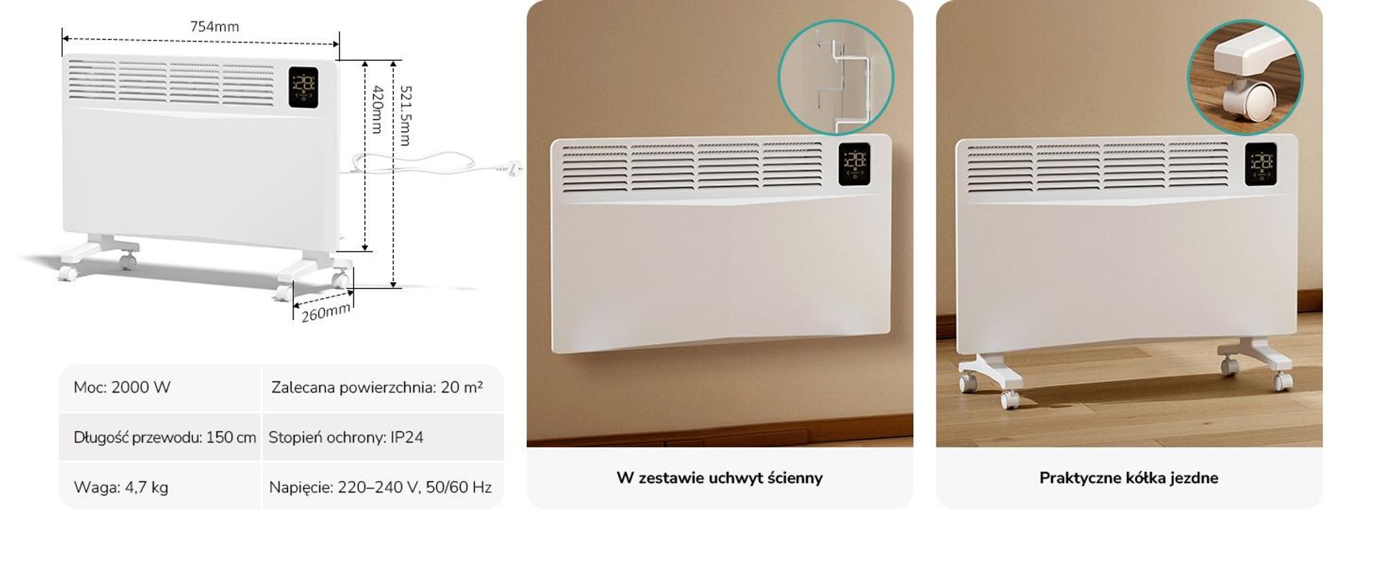 Grzejnik konwektorowy EMKE 2000 W z WiFi i aplikacją, energooszczędny grzejnik elektryczny, grzejnik ścienny i stojący z kółkami, timer 24/7, biały