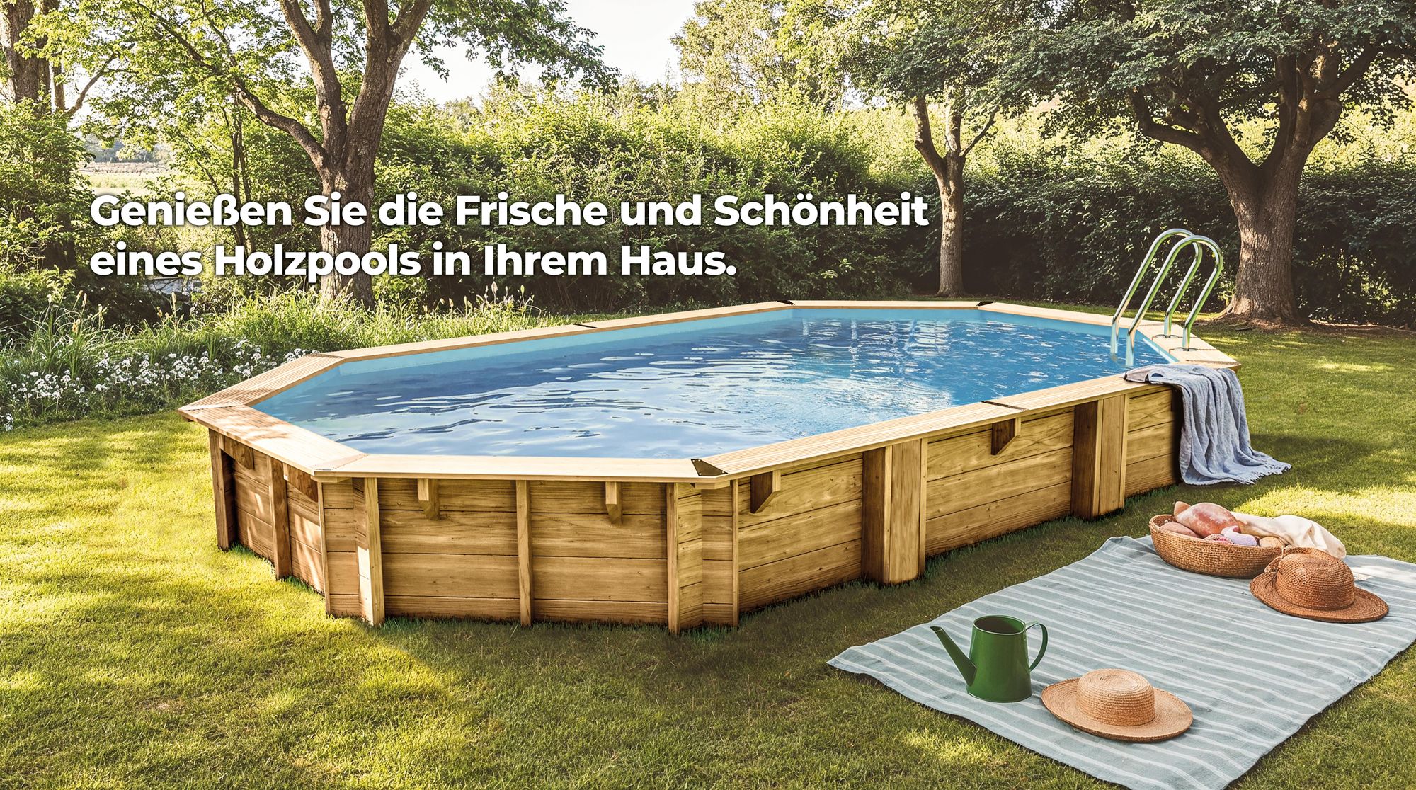 GRE Holzbecken oval Modell Macadamia 632 x 335 x 130 cm, Komplettset + GRATIS Sommer- und Winterabdeckung