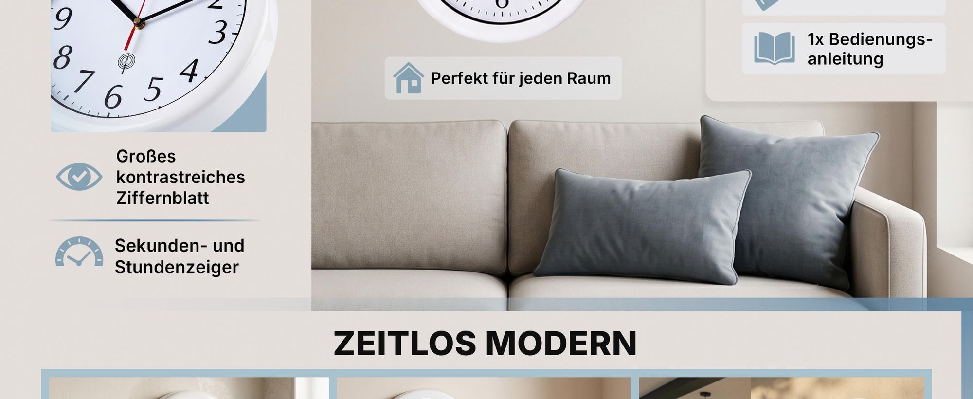 MONZANA® Wanduhr Funk Wasserdicht Groß 30cm Modern mit Batterien Küchenuhr Analog Zeitumstellung automatisch Haushalt Funkuhr Weiß