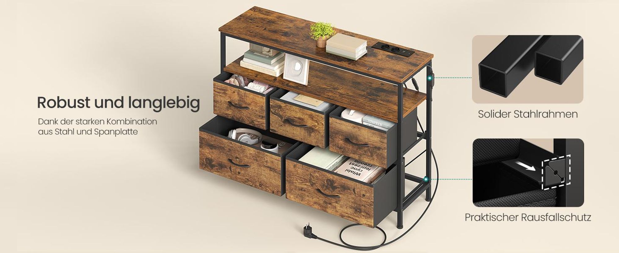 SONGMICS Kommode mit LED-Beleuchtung, Sideboard, Schubladenschrank für Wohnzimmer, mit Ladestation, 5 Schubladen, braun-schwarz