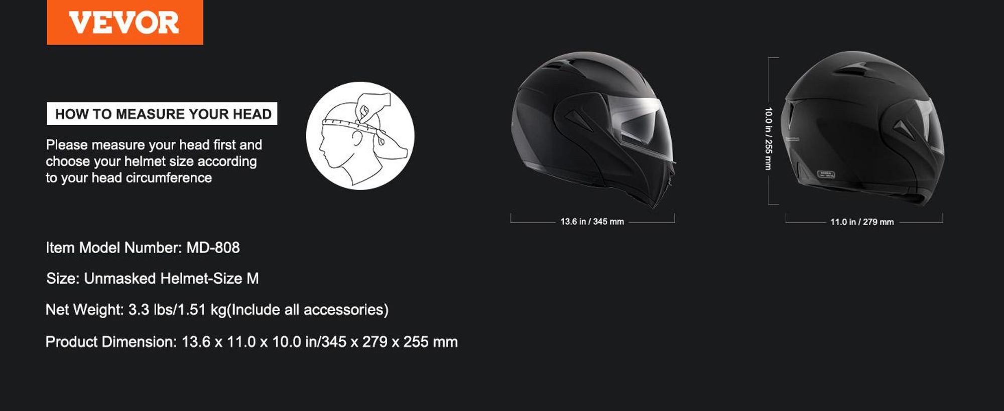 VEVOR Motorradhelm (ohne Visier) Größe 57-58 cm, ABS, mit Bluetooth-Kommunikation und austauschbarer Linsengröße, M DOT-, geeignet für Jugendliche und Erwachsene