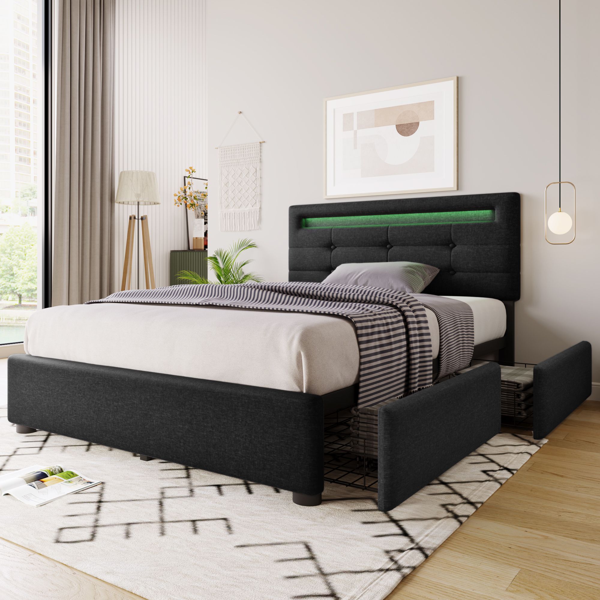 Flieks Polsterbett 90x200cm mit LED und höhenverstellbarem Kopfteil, Einzelbett mit Lattenrost und 2 Schubladen, Stauraumbett Leinen, Schwarz