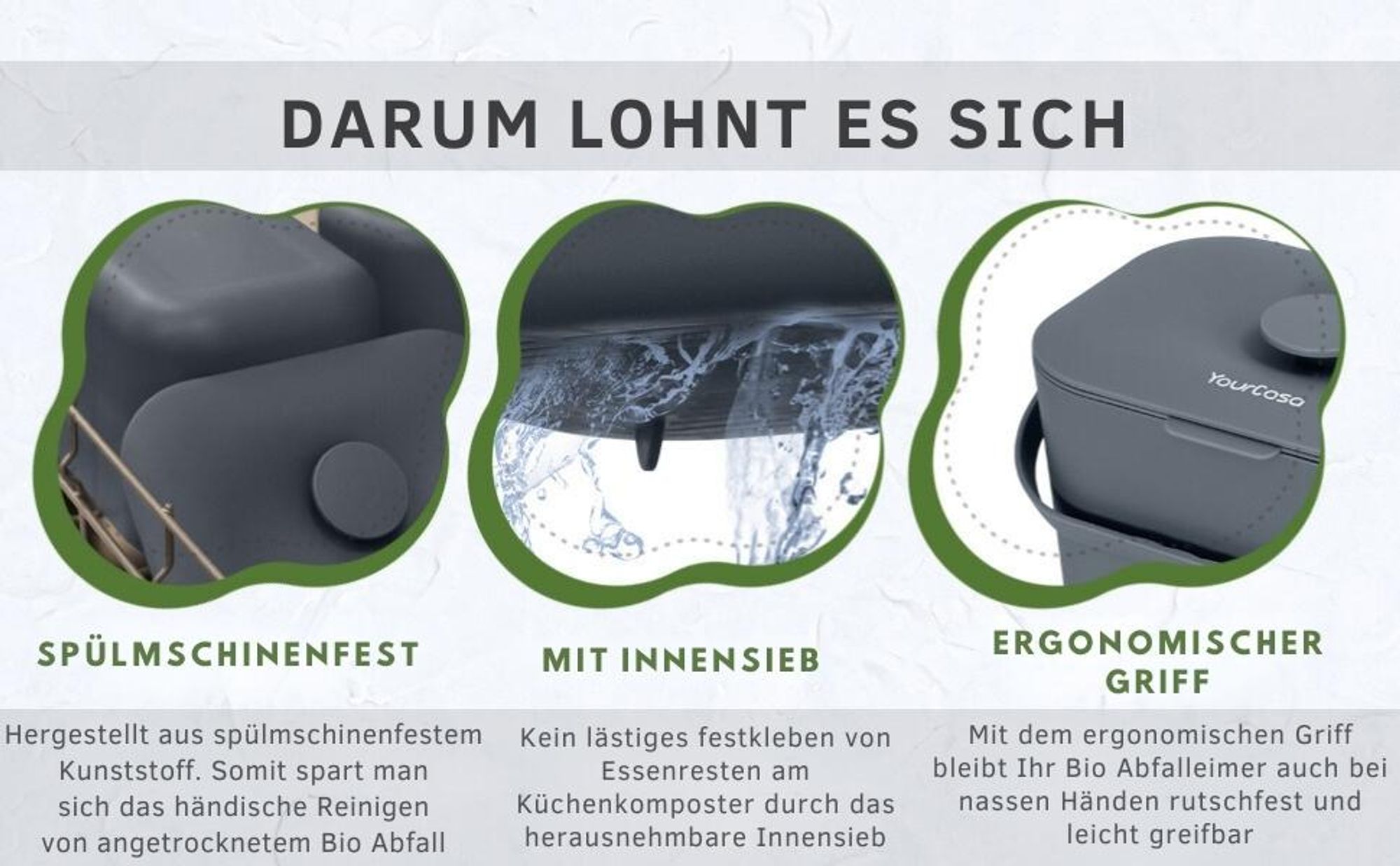 YourCasa Biomülleimer Küche 5L - Komposteimer für alltäglichen Biomüll Spülmaschinenfest mit Sieb & ergonomischen Griff Creme