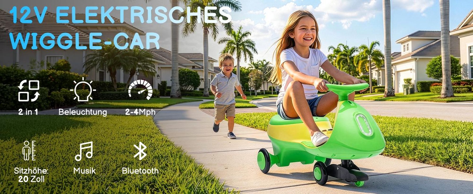 Kinder-Elektroauto 12V, Elektrisches Rutschauto mit Pedal, 2 Geschwindigkeiten und Kippschutz, Bluetooth, für Kinder ab 3 Jahren, Grün & Gelb