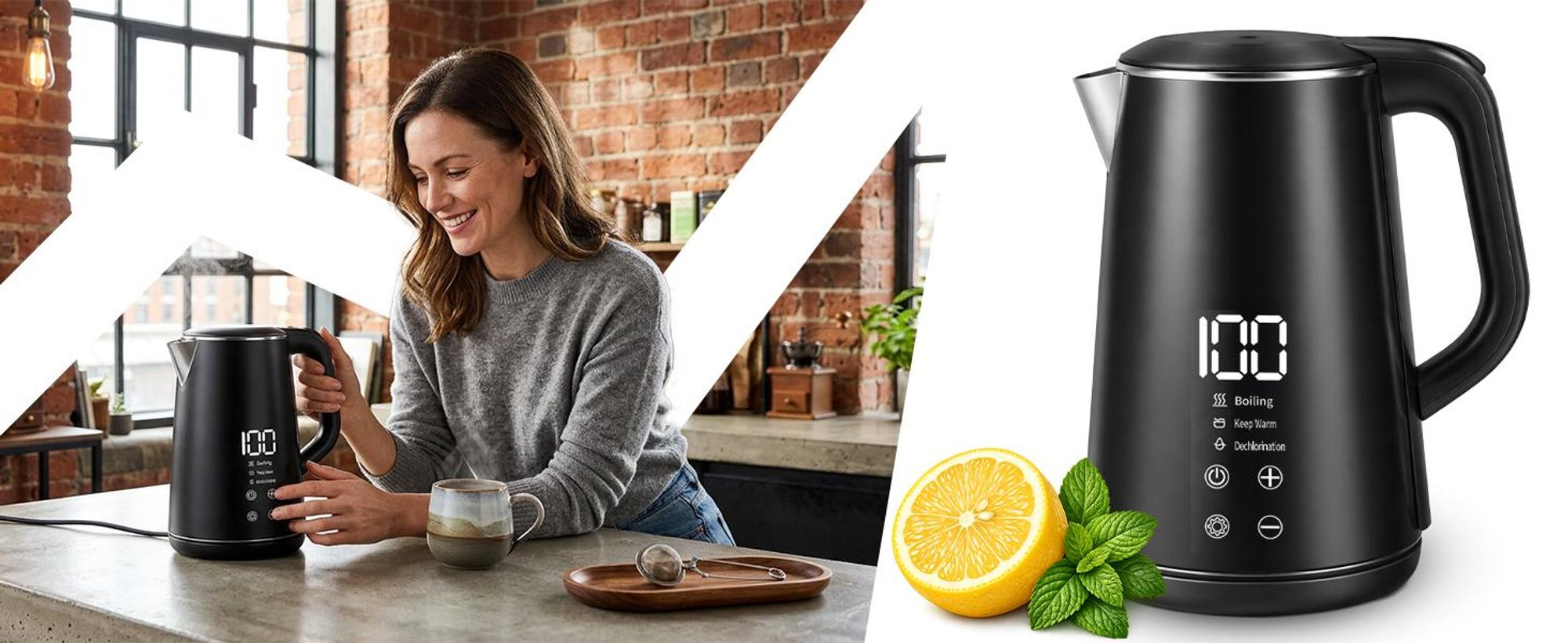 Wasserkocher 1,6L mit Temperaturregelung, Edelstahl, 1500W, Warmhaltefunktion und Touchpanel, Schwarz, LED-Anzeige, BPA-frei, Überhitzungsschutz-Retoo