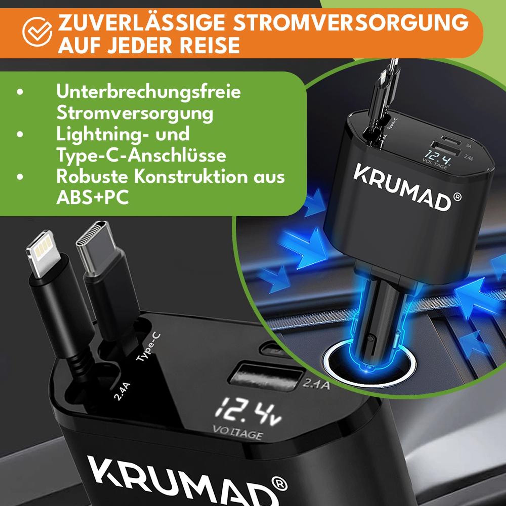 KRUMAD USB-C Autoladegerät 120 W – Zigarettenanzünder 12–24 V mit 2 integrierten Kabeln (USB-C & Lightning), USB-A/USB-C Ports & LED-Anzeige