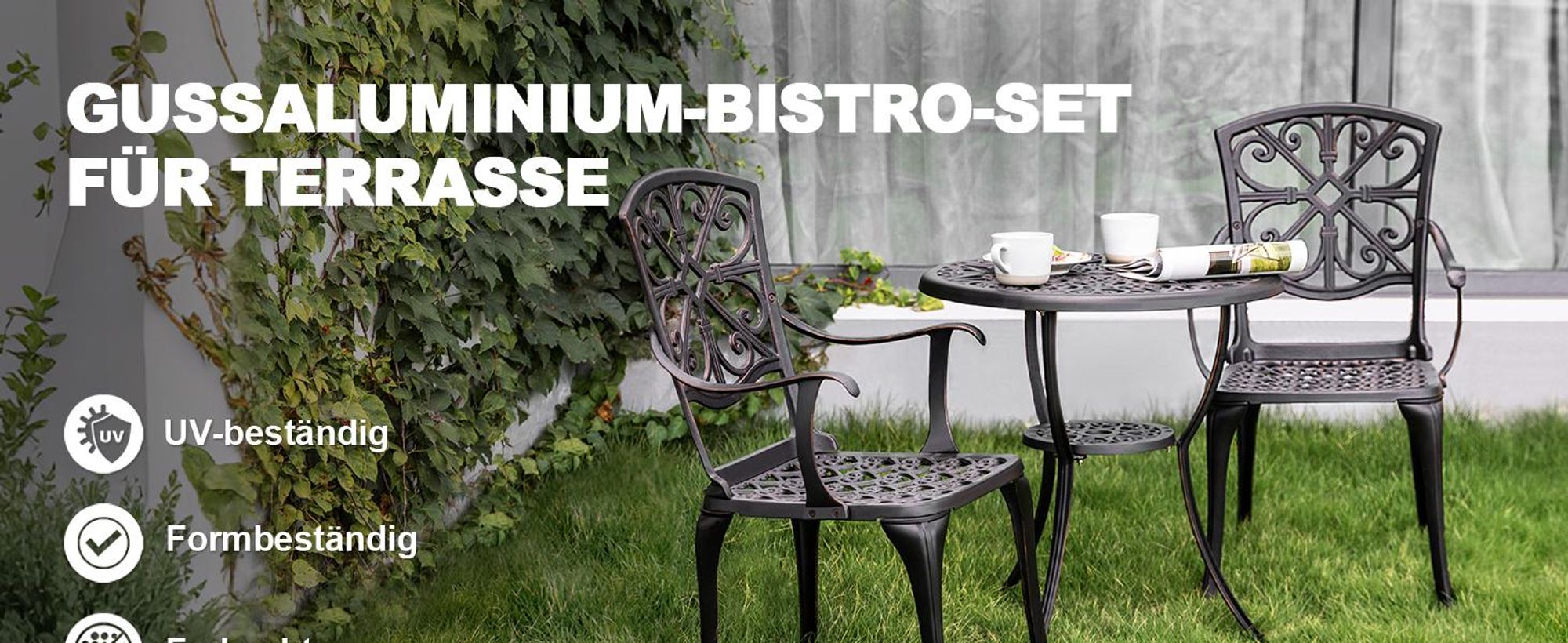 Avestar 3-teiliges Bistro Set aus Aluminiumguss, Gartenmöbel Set, Balkonmöbel, runder Bistrotisch mit 2 Gartenstühlen, Schwarz