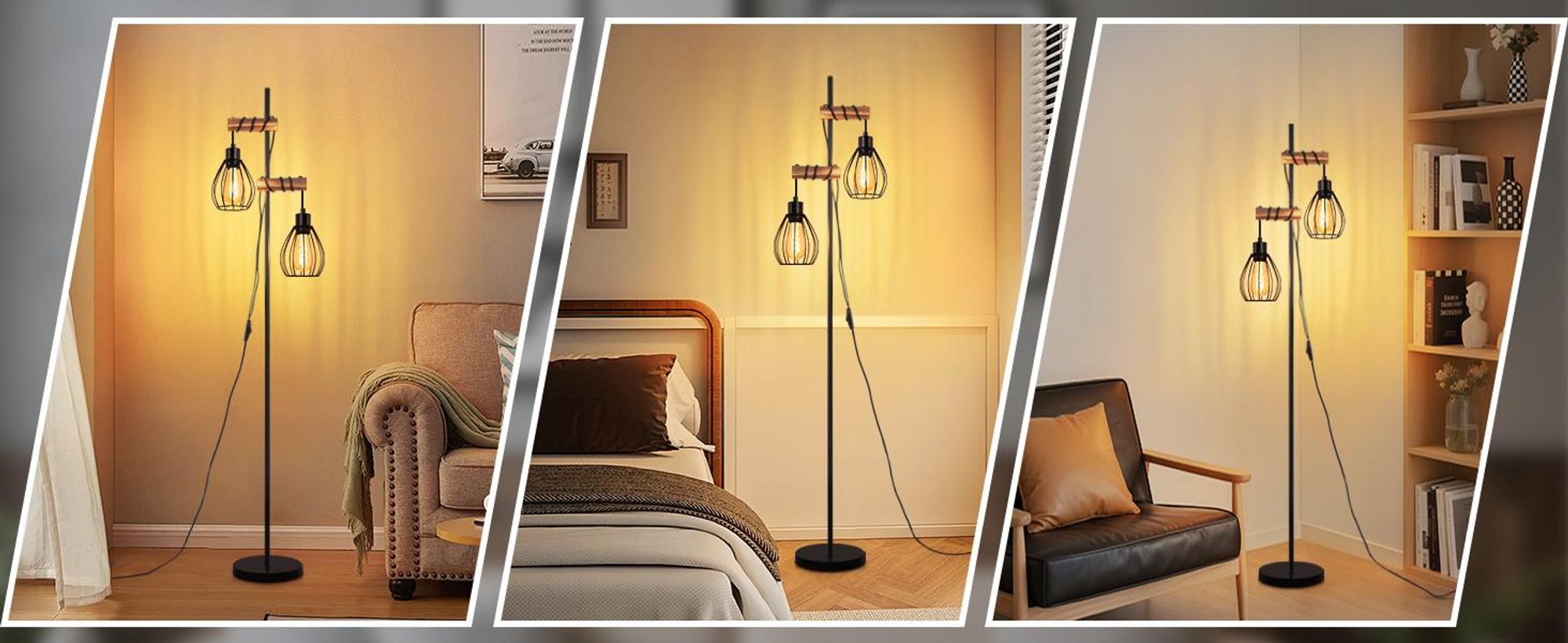 ZMH Lampy podłogowe czarne metalowe drewniana salon vintage 2 płomienie w stylu industrialnym z przełącznikiem E27 gniazdo 152cm retro