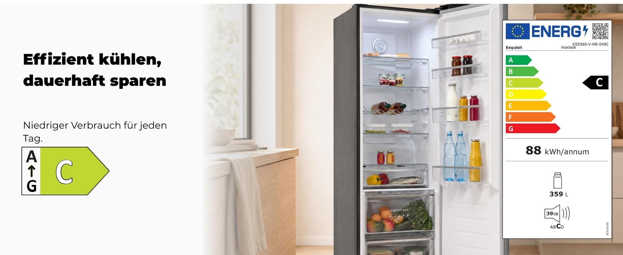 Vollraumkühlschrank | KS5360-V-HE-040C inoxlook | 359 l Nutzinhalt gesamt | Elektronisch | LED | Energieklasse C | 39 dB | Inoxlook