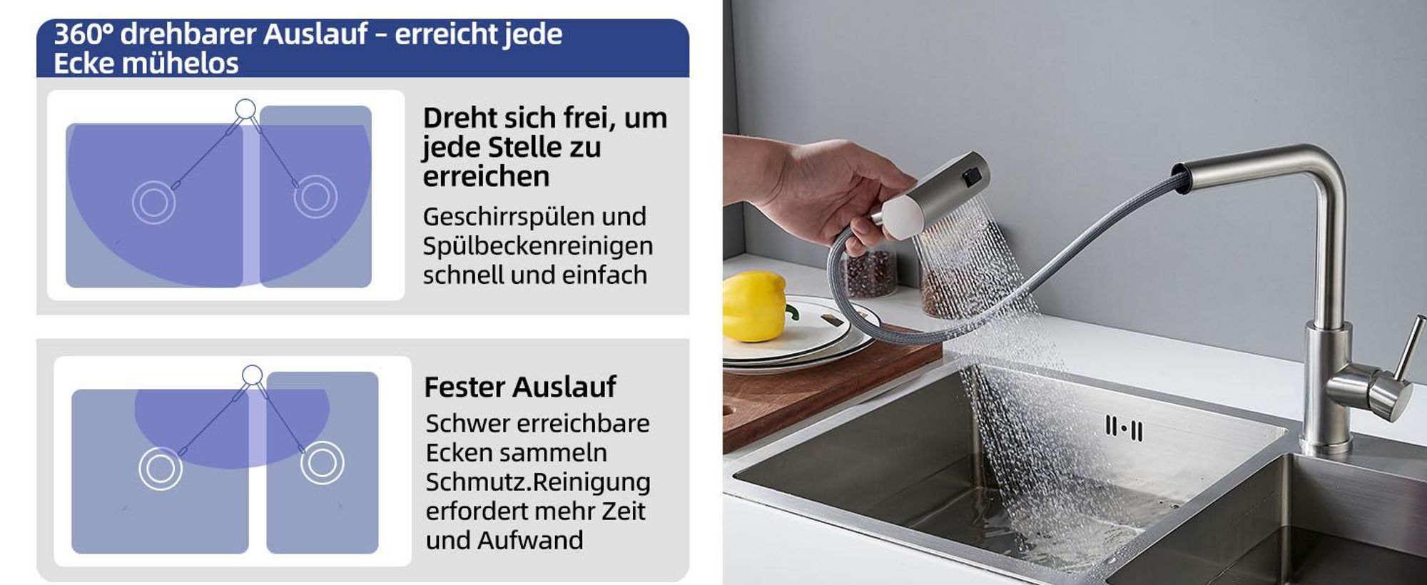 Küchenarmaturen, Spültischarmatur, Küchenarmatur, Wasserhahn Küche mit Herausziehbarer Brause, SUS304 Edelstahl, 3 Strahlarten, 360° Schwenkbarer