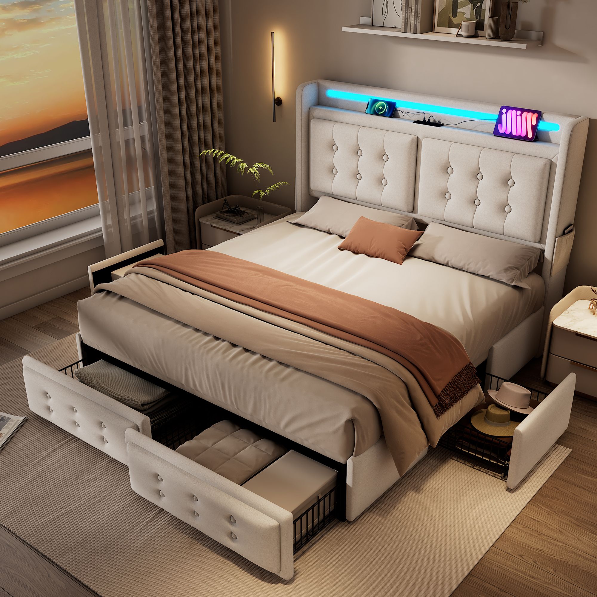 Flieks Polsterbett 160x200cm mit 4 Schubladen, Stauraumbett Doppelbett mit Ladefunktion, Jugendbett Holzbett mit LED, Funktionsbett Baumwolle, Beige