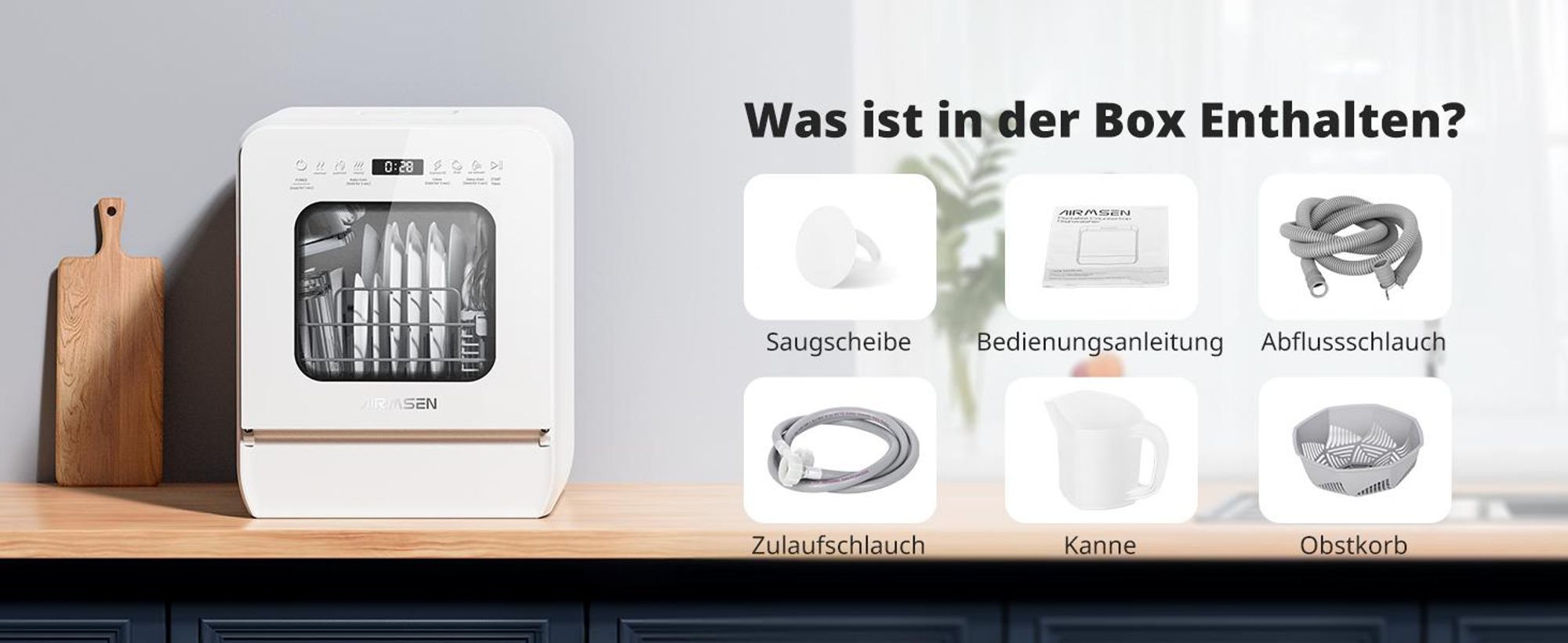 AIRMSEN Tischgeschirrspüler ECO-Modus,5L wassertank,9 Programme,Selbstreinigend, 1-24H Timer 5l, 4 Maßgedecke, Geeignet für Hausküchen, Wohnungen