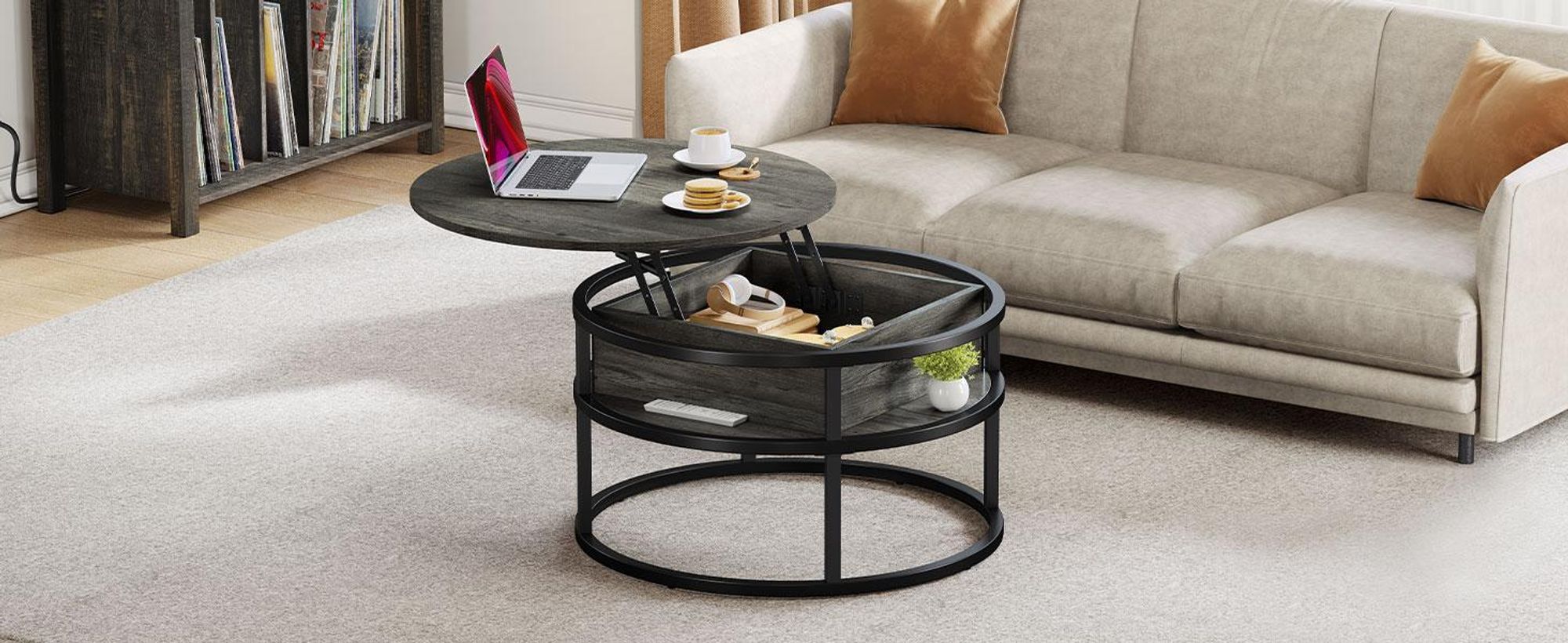 YITAHOME Couchtisch rund, höhenverstellbar, Wohnzimmertisch Beistelltisch mit Stauraum, 80 x 80 x 47 cm, Grau
