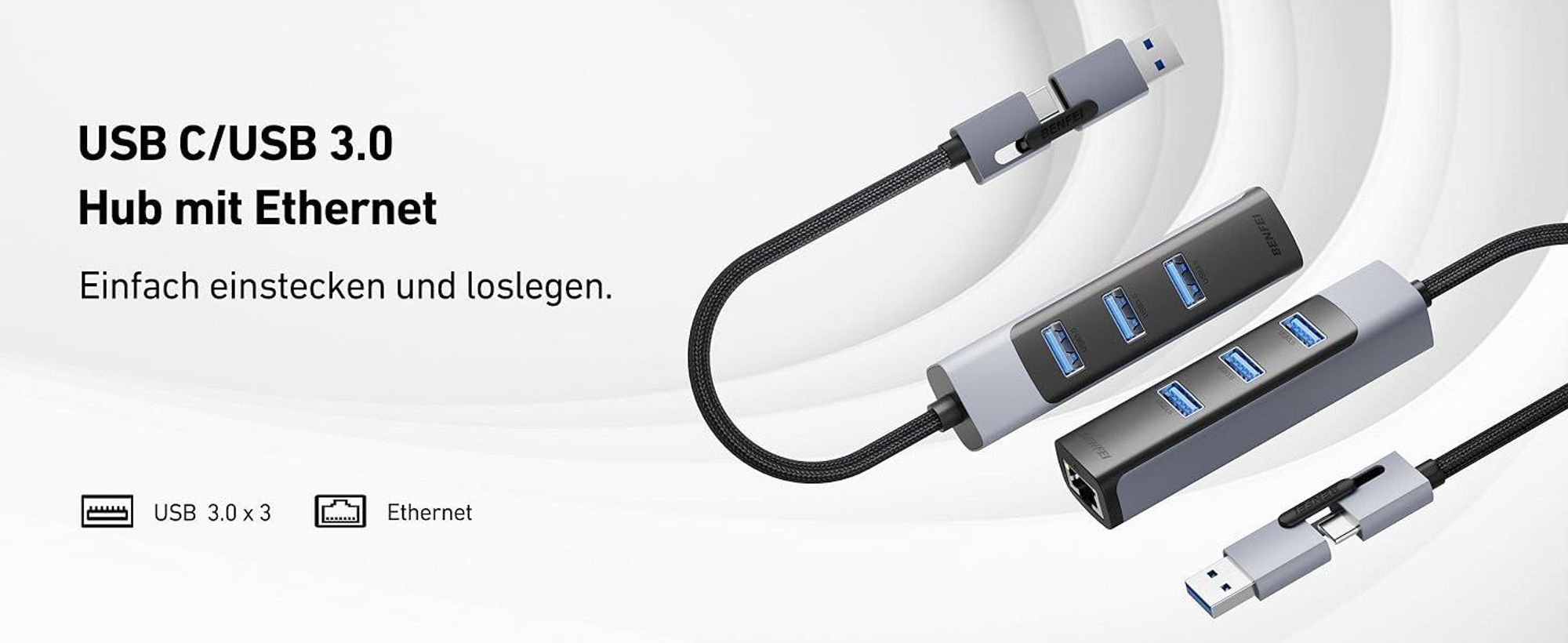 BENFEI Hubs 2in1 USB C USB 3.0 auf Ethernet Adapter mit 3 Port Hub