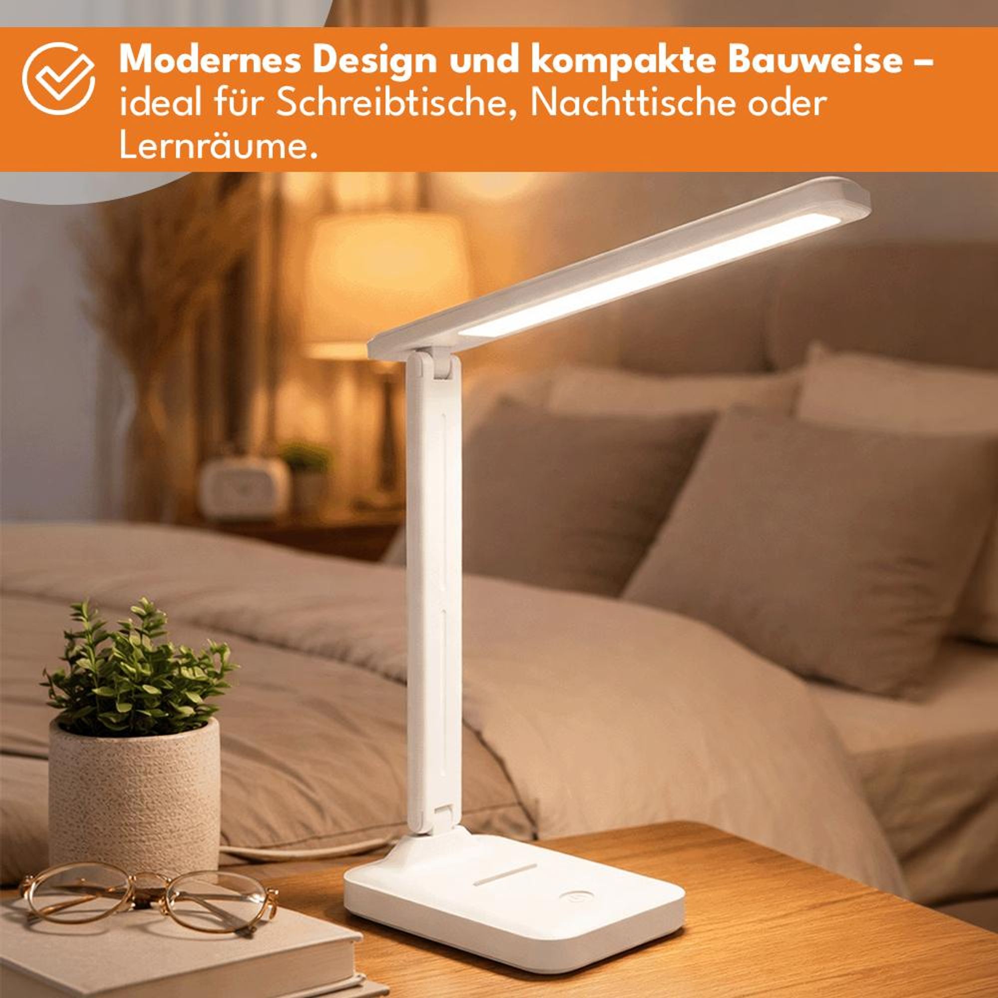 KRUMAD LED Schreibtischlampe USB, Touch dimmbar, verstellbar, Tischlampe fürs Büro, Lernen & Lesen, modernes Design, Weiß
