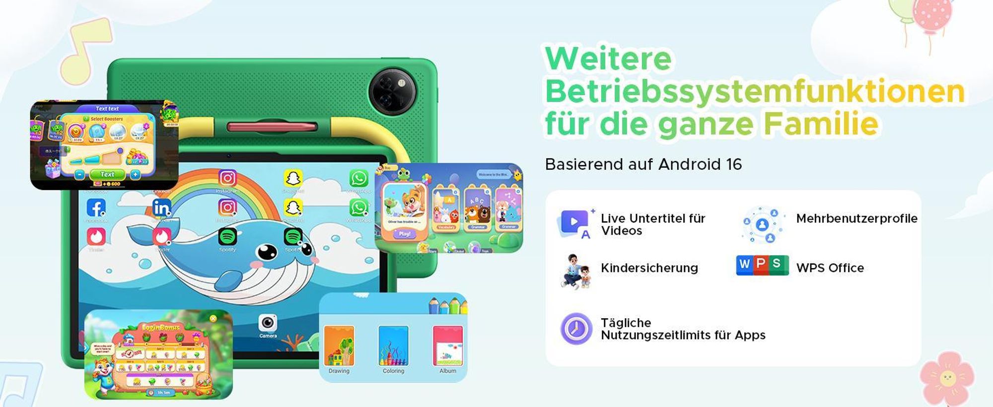 DOOGEE U11Kids 11" Tablet, Android 16,Gemini AI, 24(4+20)GB+128GB/2TB TF, 90Hz,8580mAh,WiFi Tablet für Kind mit Kindgerechte Hülle und Stift