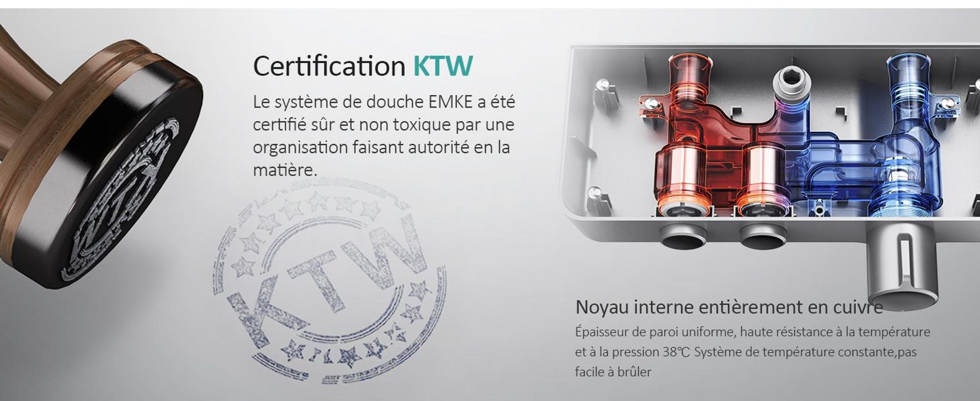 EMKE Système de douche avec thermostat, set de douche en acier inoxydable avec douchette à main 3 fonctions, robinetterie de salle de bain & douche,  KTW, gris- F08