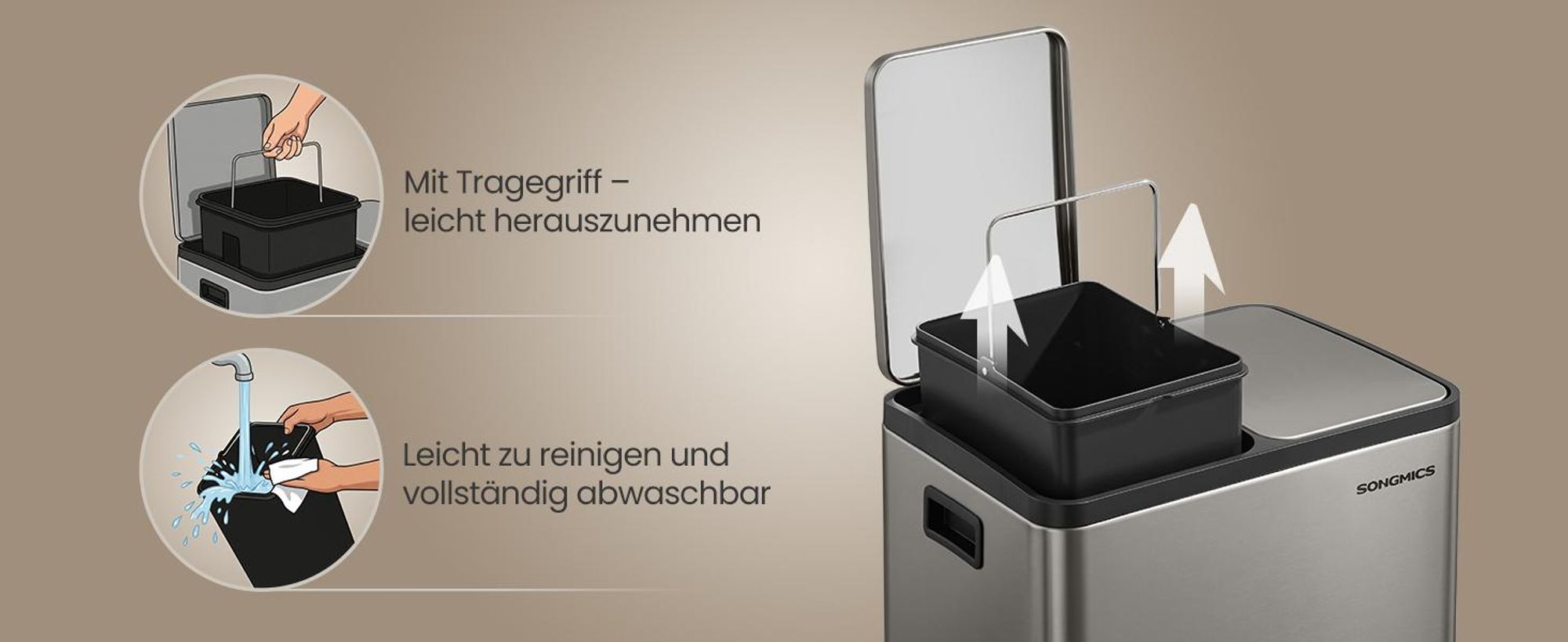 Abfalleimer 2 Fächer, Mülleimer 2 x 15 L, Tretmülleimer Softclose-Deckel, Küche, herausnehmbare Inneneimer,