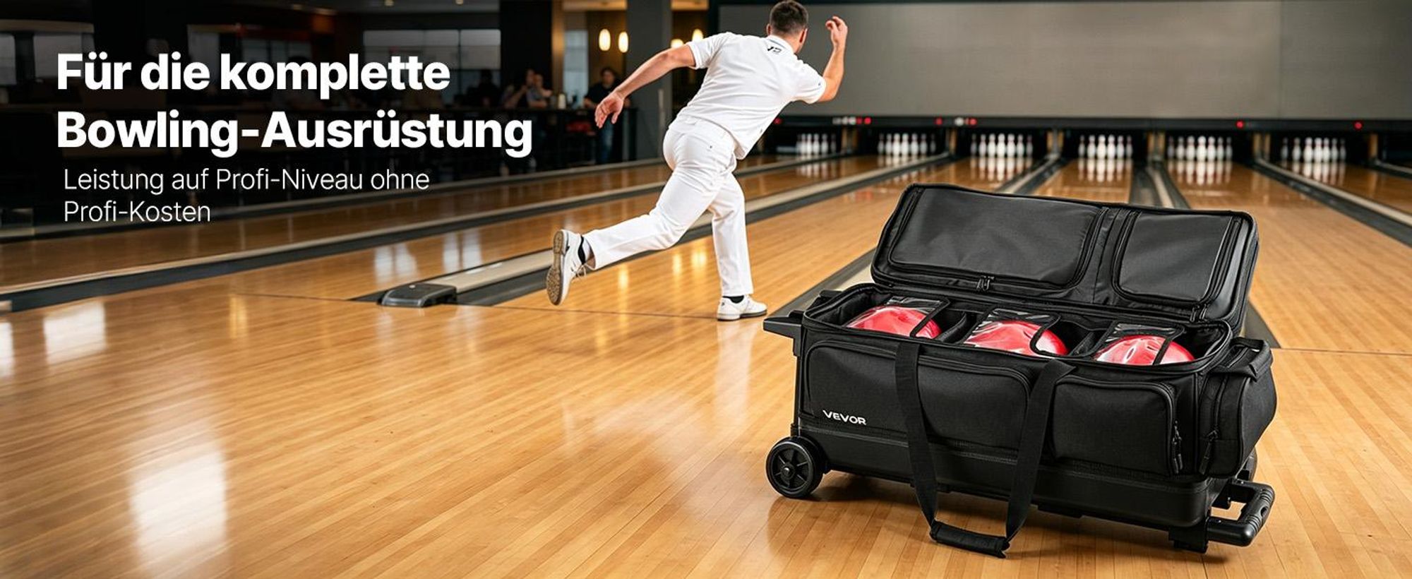 VEVOR Bowlingballtasche, 2-Ball-Doppelroller-Bowlingtasche mit Rädern, mit einem separaten Fach für Schuhe (bis US-Größe 16) und übergroßer Zubehörtasche, ausziehbarer Griff bis 1050 mm, Schwarz-3 Bälle
