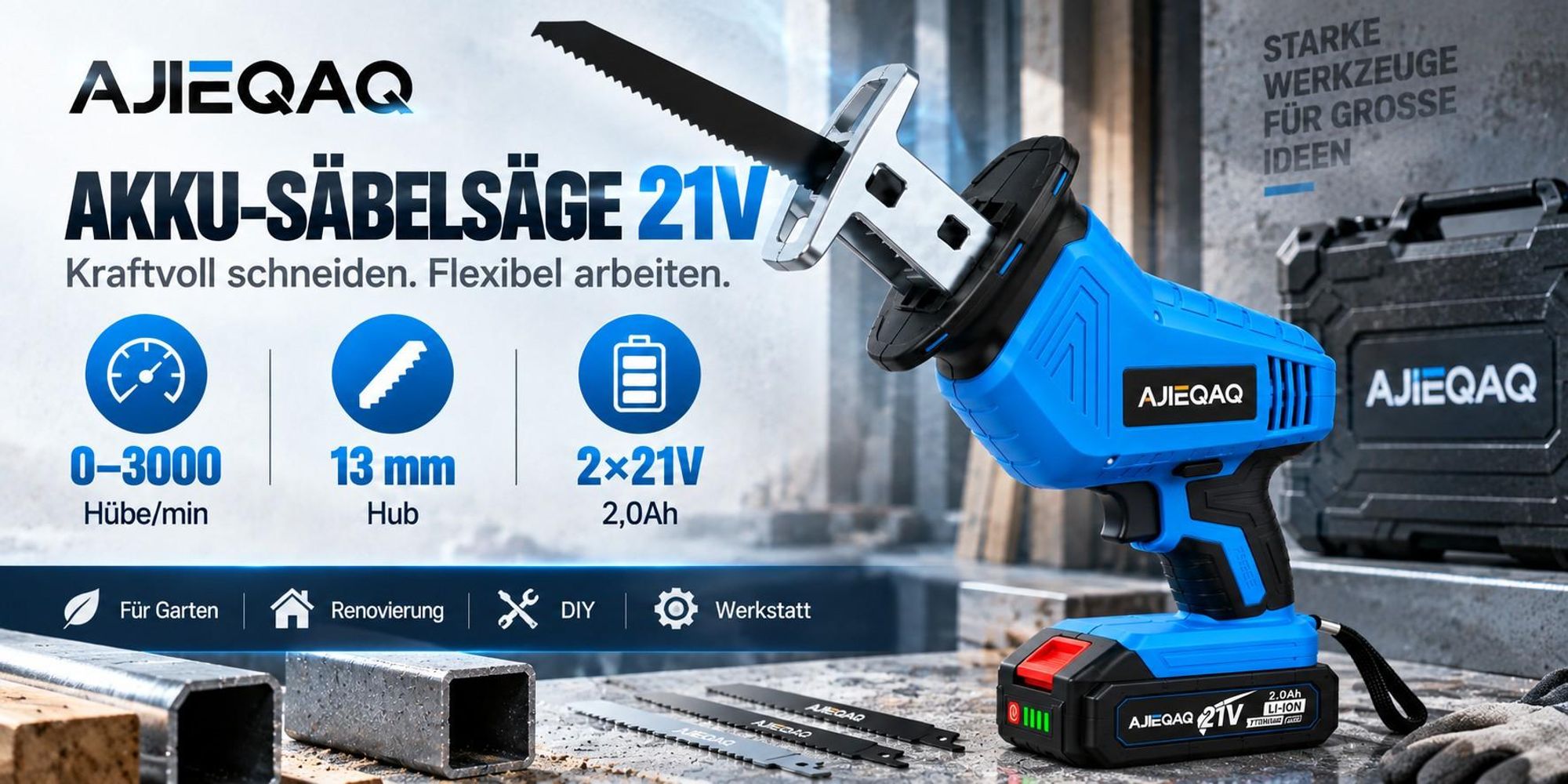 Akku-Säbelsäge 21V, 0–3000 Hübe/min, 13 mm Hub, 2×2,0Ah Akkus, LED, 4 Sägeblätter, Koffer