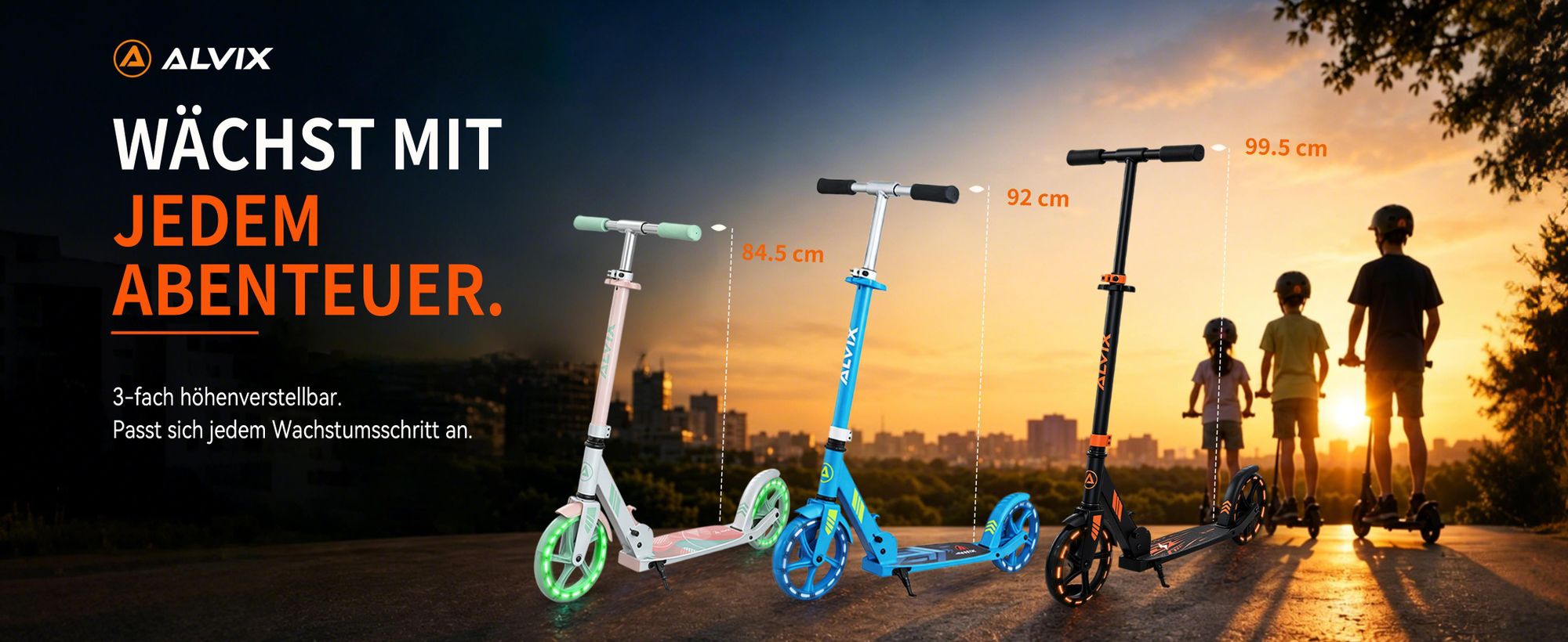 ALVIX Kinder-Scooter wächst mit: 3-fach höhenverstellbar von 84,5 bis 99,5 cm.