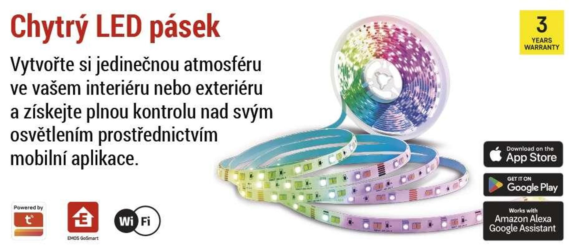 EMOS Smart LED Strip RGB/CCT 5 m, LED pásek s dálkovým ovládáním a aplikací, 16 mil. barev, synchronizace s hudbou, vč. 1,5 m kabelu a adaptéru