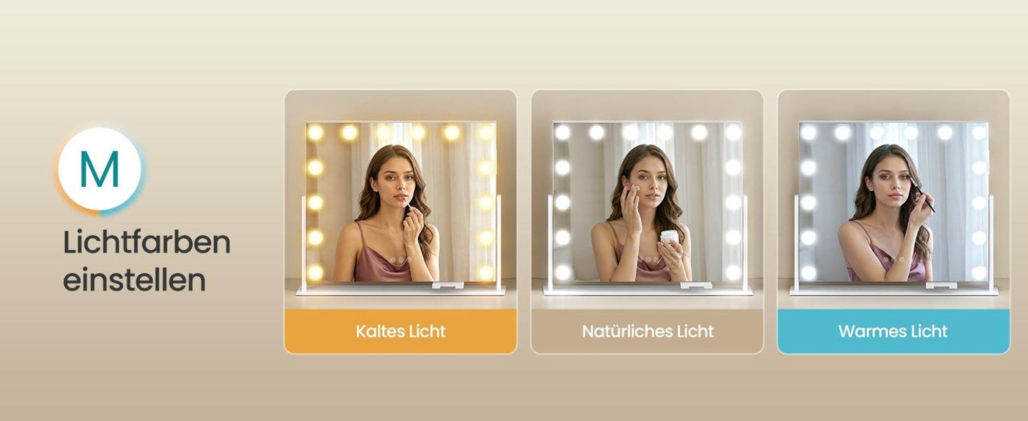 SONGMICS Make-up Spiegel mit LED-Beleuchtung, Kosmetikspiegel, Touch-Steuerung, Handyhalter, 3 Lichtfarben, 50 x 42 cm, weiß