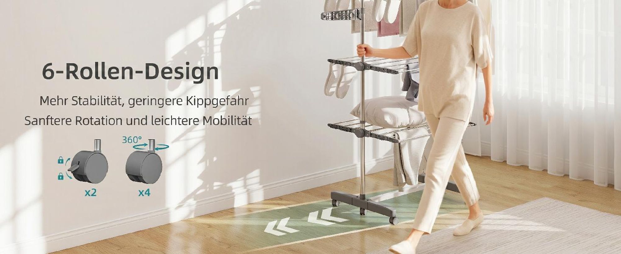 Mobiler Wäscheständer Wäschetrockner-Turm Seitenflügel auf 3/4 Ebenen Grau